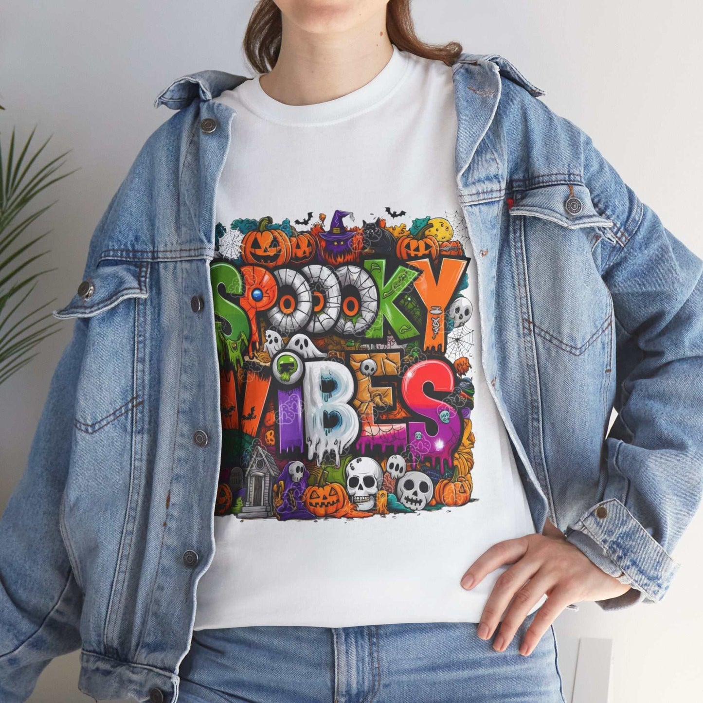 Spooky Vibes Unisex Heavy Cotton Tee, Halloween T-Shirt, Ghostly Graphic Gift