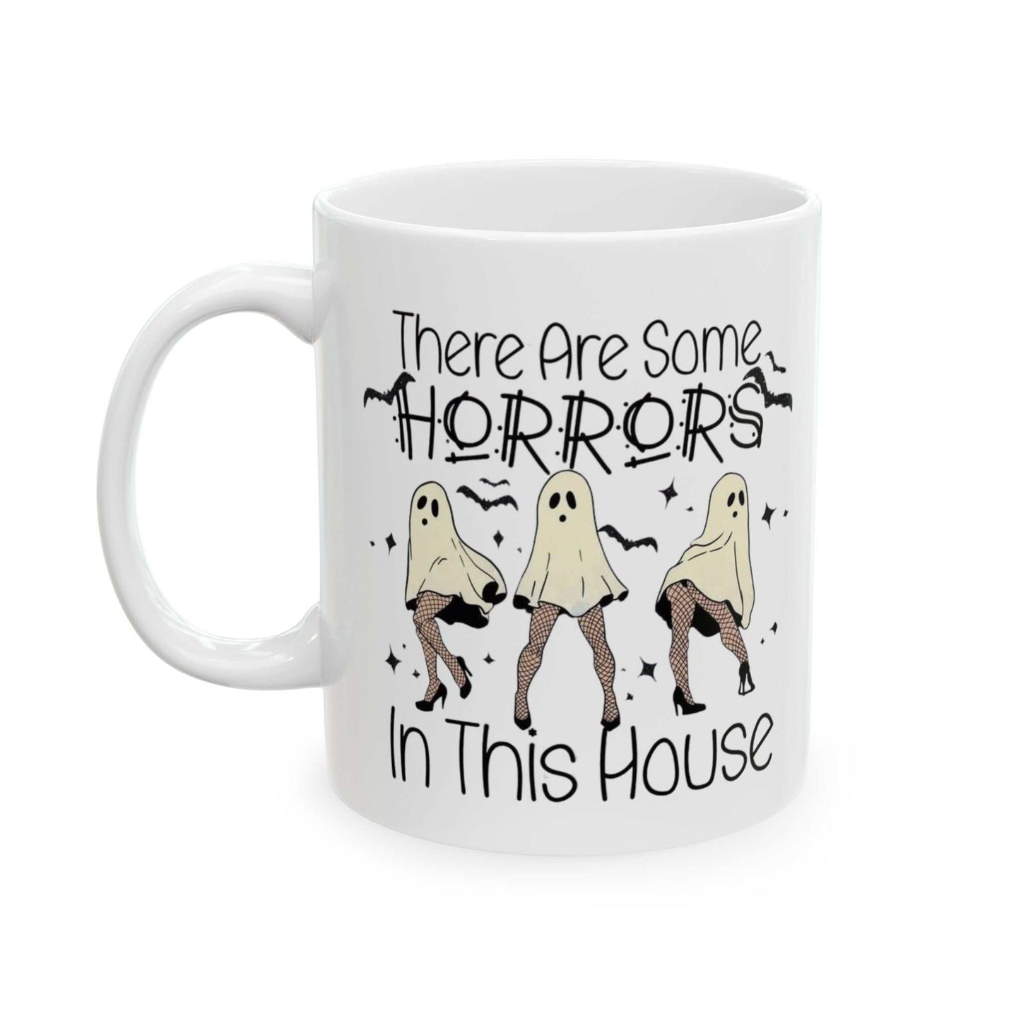 Funny Halloween mugs with "There Are Some Horrors in This House" design, featuring dancing ghosts.