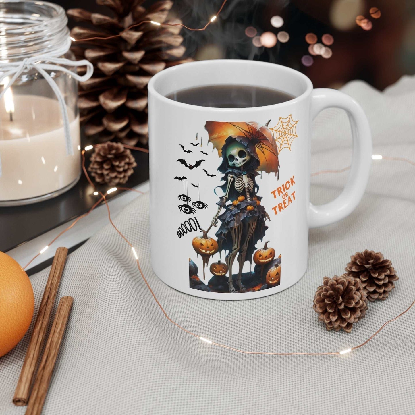 Girl Skeleton Mug for Halloween with cute skeleton design and bow, 11oz white ceramic.