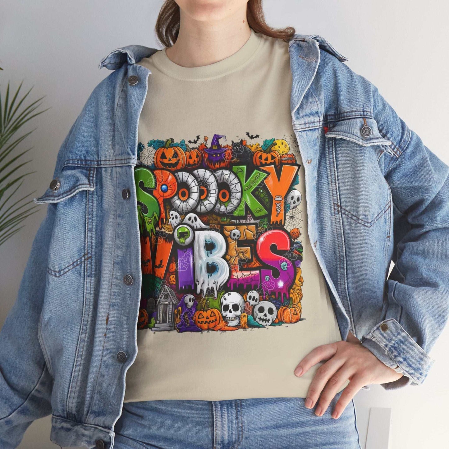 Spooky Vibes Unisex Heavy Cotton Tee, Halloween T-Shirt, Ghostly Graphic Gift