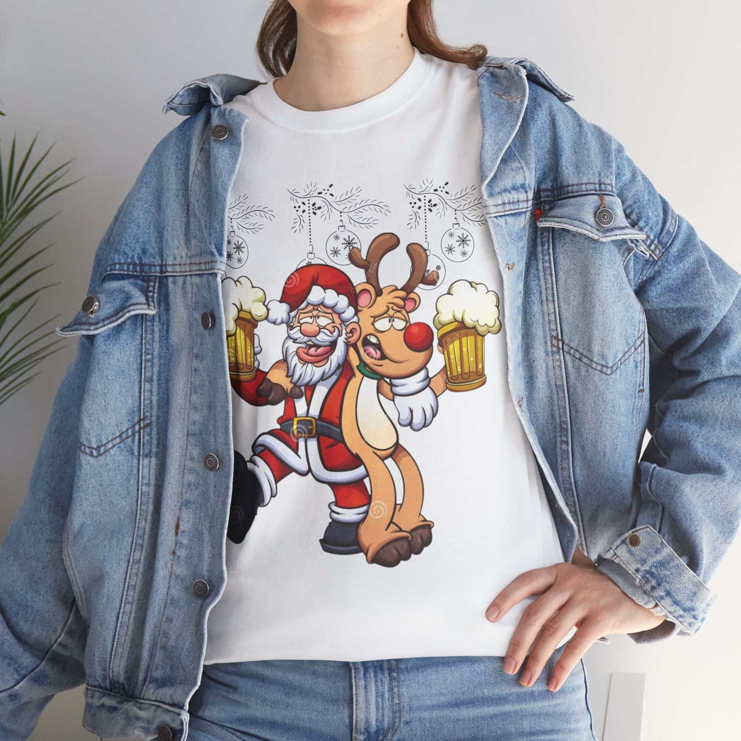 Funny Beer Santa Christmas Shirt featuring Santa Claus and Rudolf with beers, perfect holiday gift for beer lovers.
