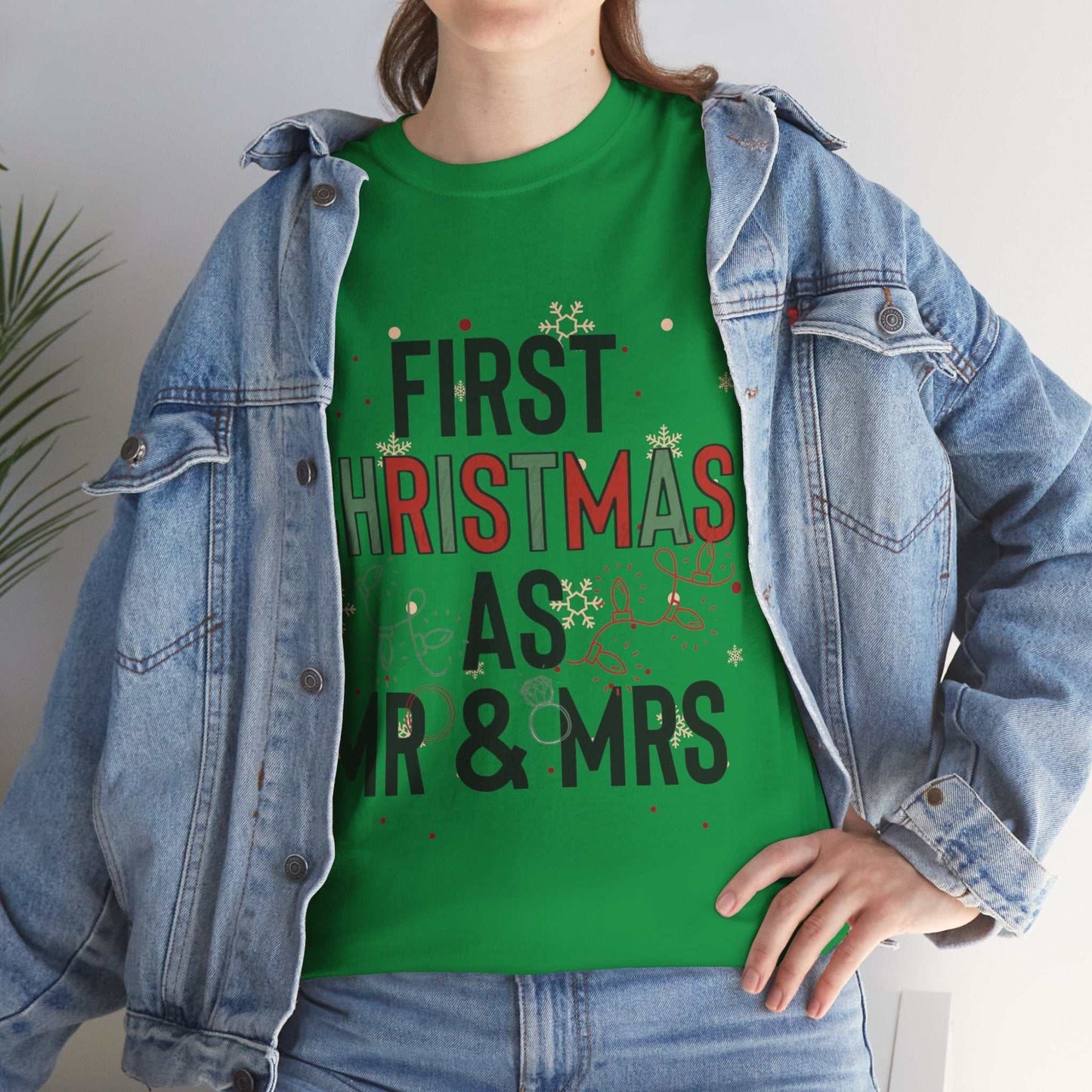 First Christmas as Mr and Mrs shirt, couple gift for newlyweds, green festive design.