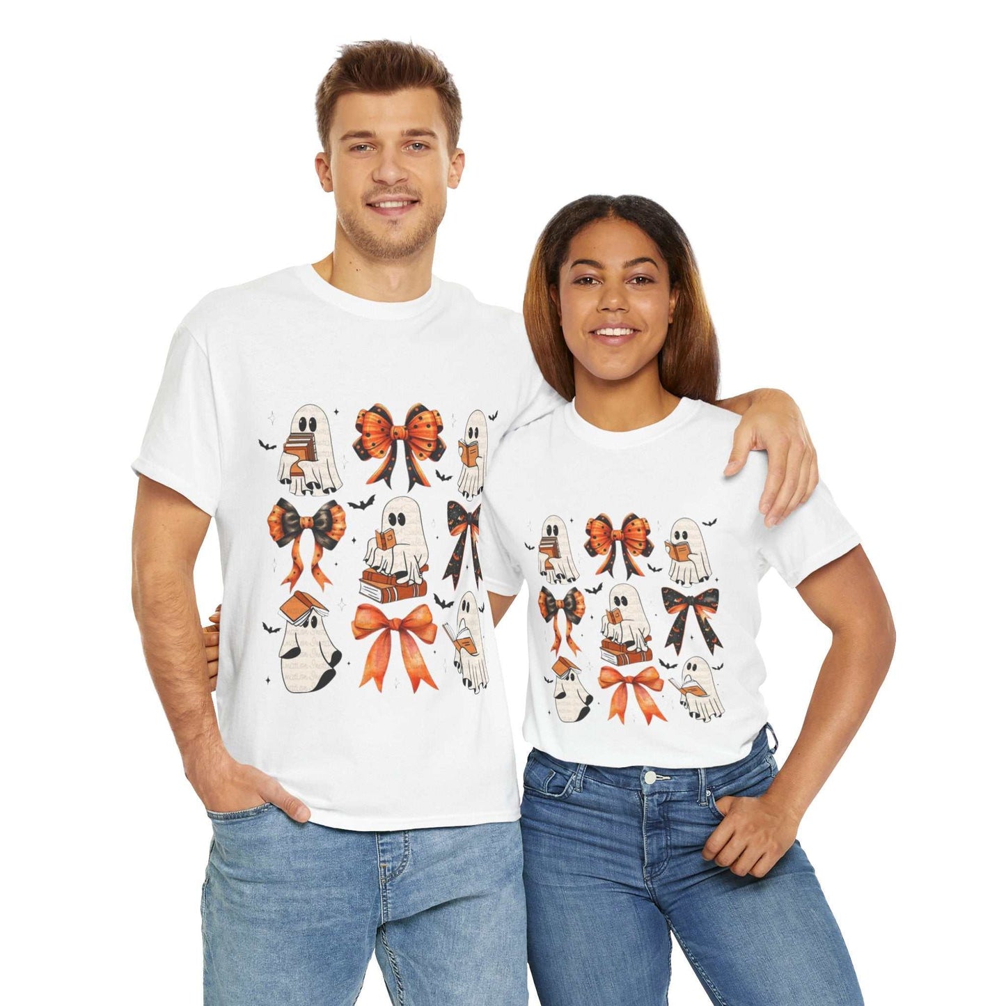 Unisex Book Ghost Halloween Shirt with ghost and bow design.