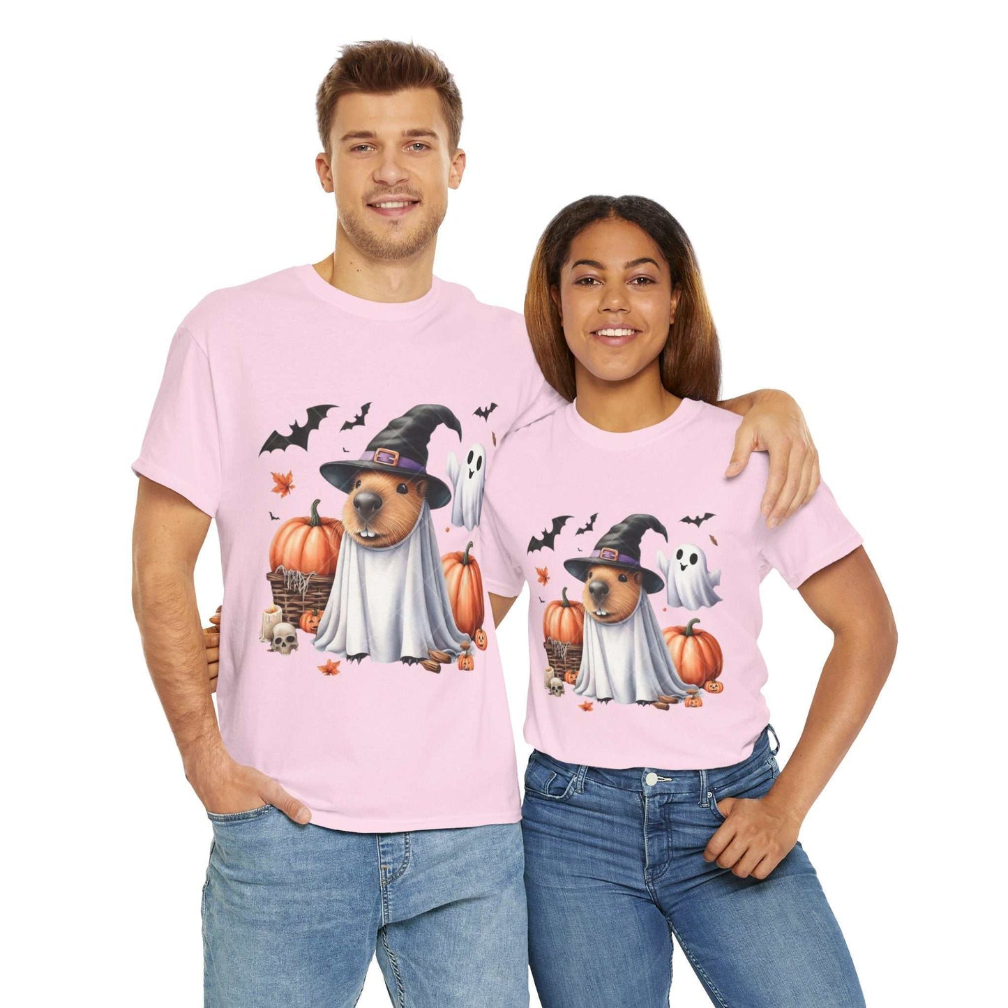 Halloween Capybara Shirt featuring spooky capybara with pumpkins, ghosts, and bats on unisex cotton tee.