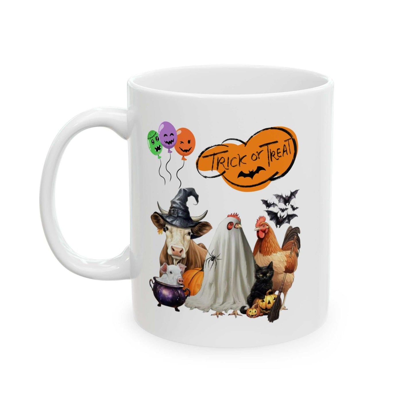 Trick or Treat Halloween Mug featuring festive animals in costumes with spooky design.