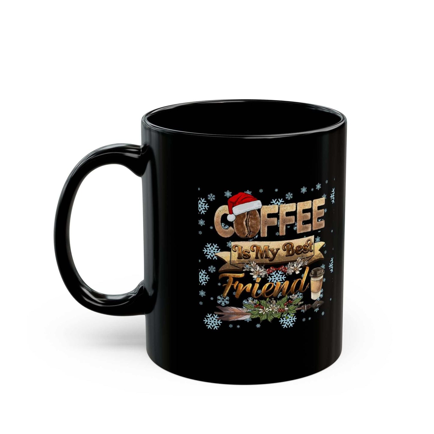 Black Christmas mug with festive design, ideal holiday gift for coffee lovers.