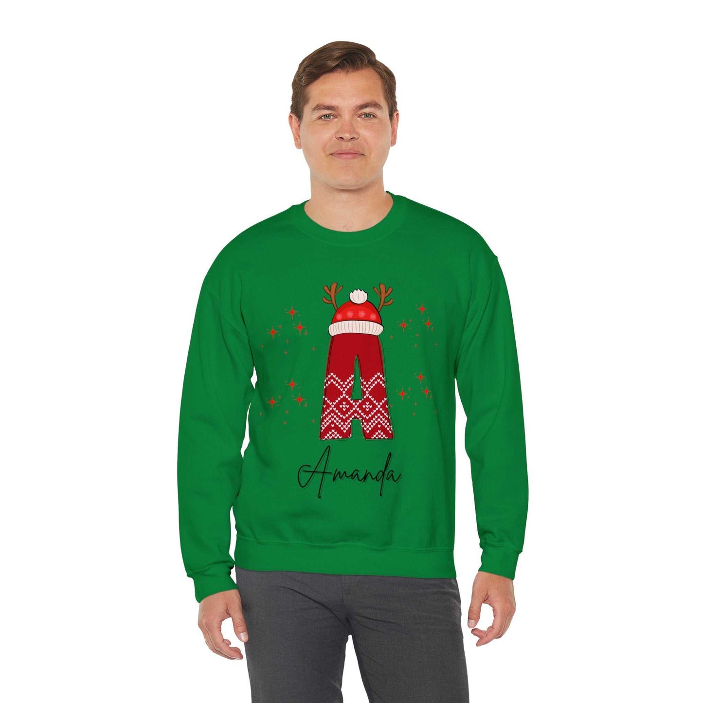Green family Christmas name sweatshirt with red festive design and personalization.