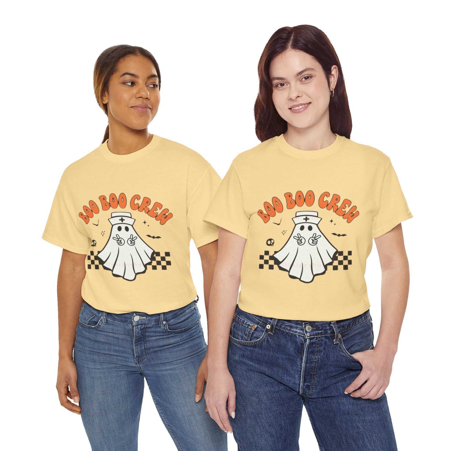 Boo Nurse Crew Halloween t-shirt with ghost design, unisex heavy cotton tee.