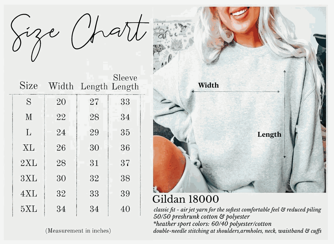Size chart for Gildan 18000 sweatshirt; dimensions include width, length, and sleeve length.