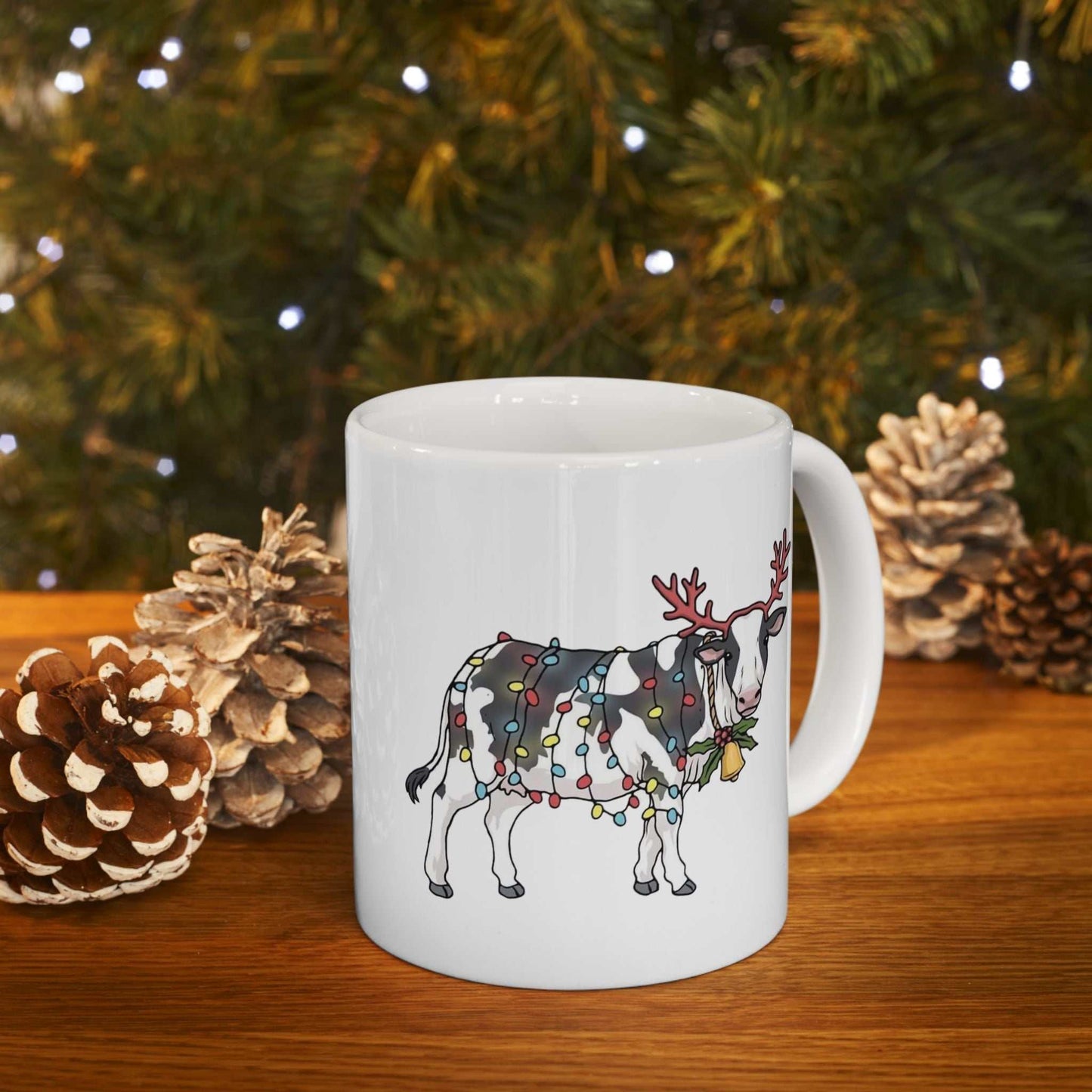 Cute Cow Christmas Lights Mugs, Cow Animal Lover Gift