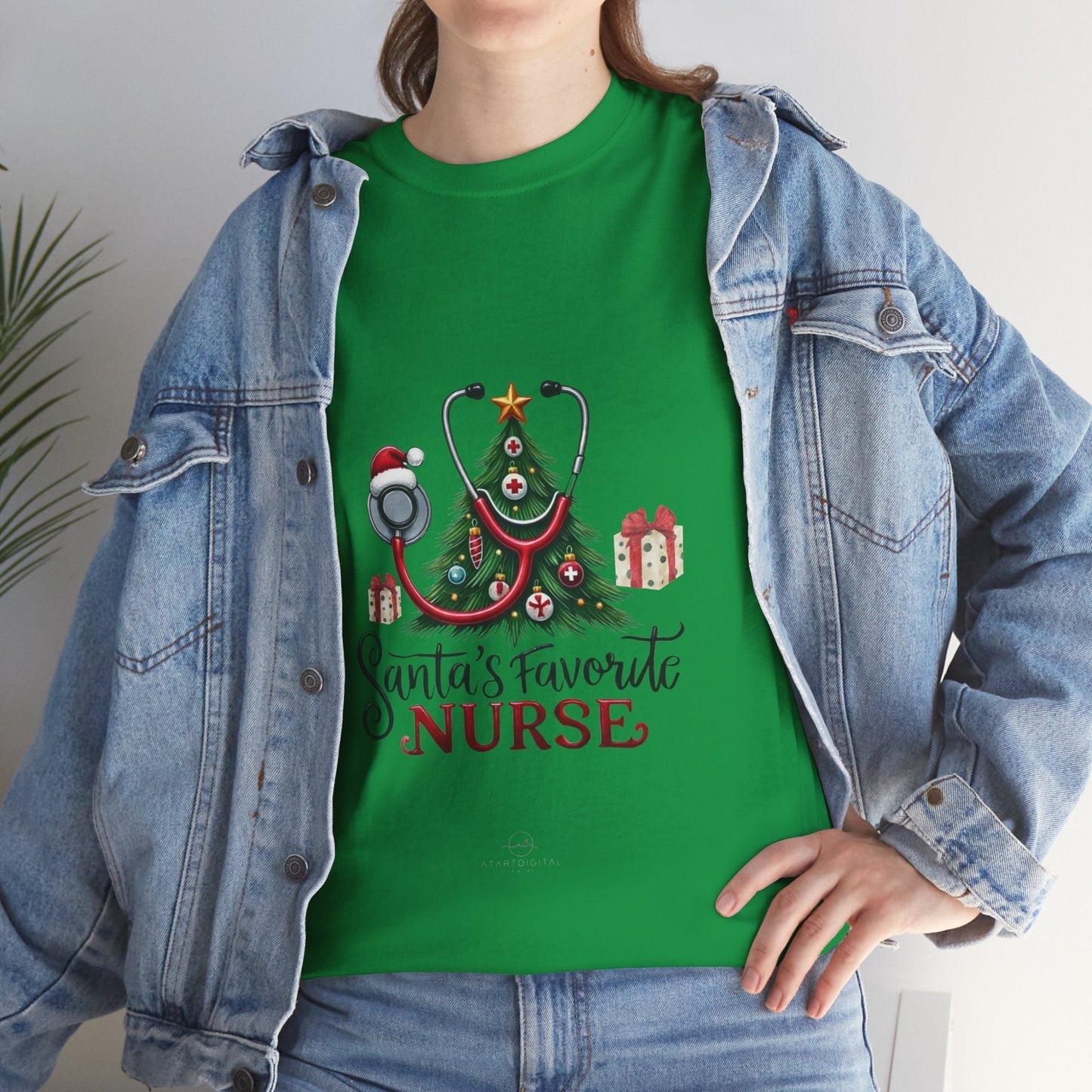 Santas Favorite Nurse Shirt in green with festive Christmas design, perfect gift for nurses.