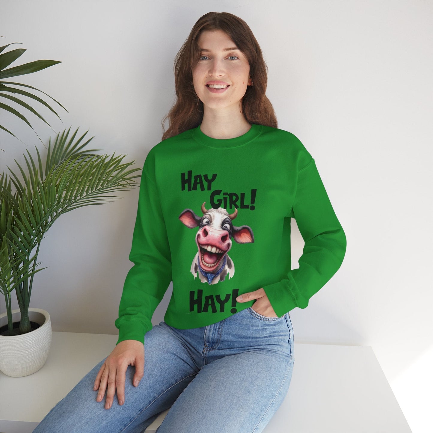 Funny Cow Sweatshirt Hay Girl Hay | Unisex Heavy Blend Crewneck