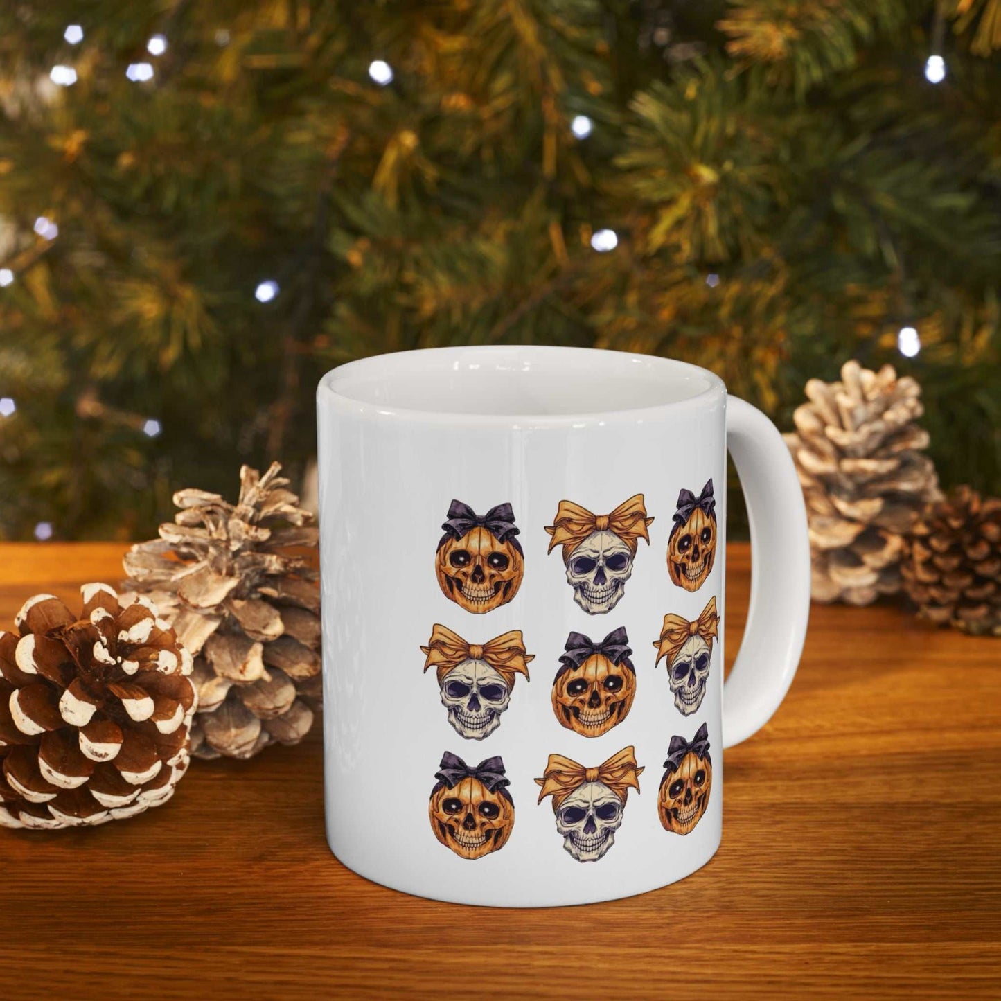 Halloween Skull Mugs with skull and pumpkin designs on ceramic; perfect for festive beverages.