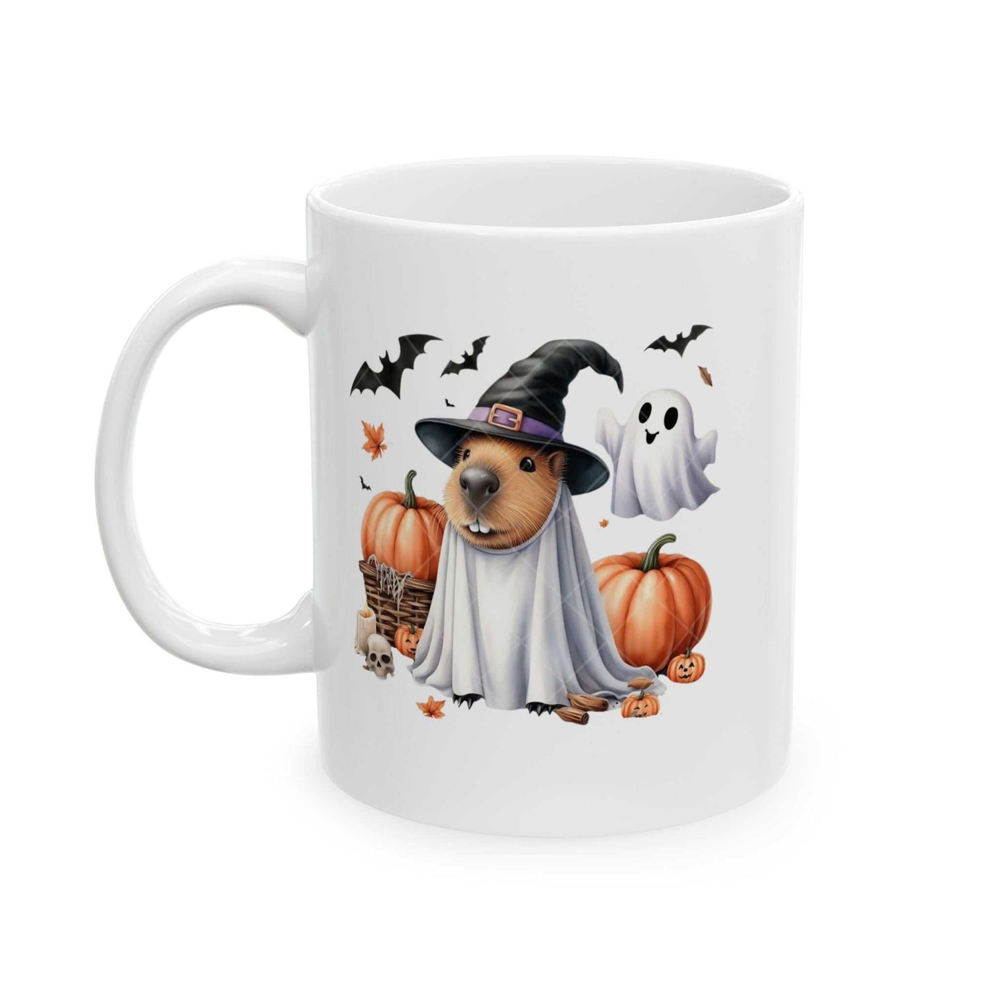 Ceramic mug featuring a Halloween-themed capybara in a witch hat with pumpkins and bats.