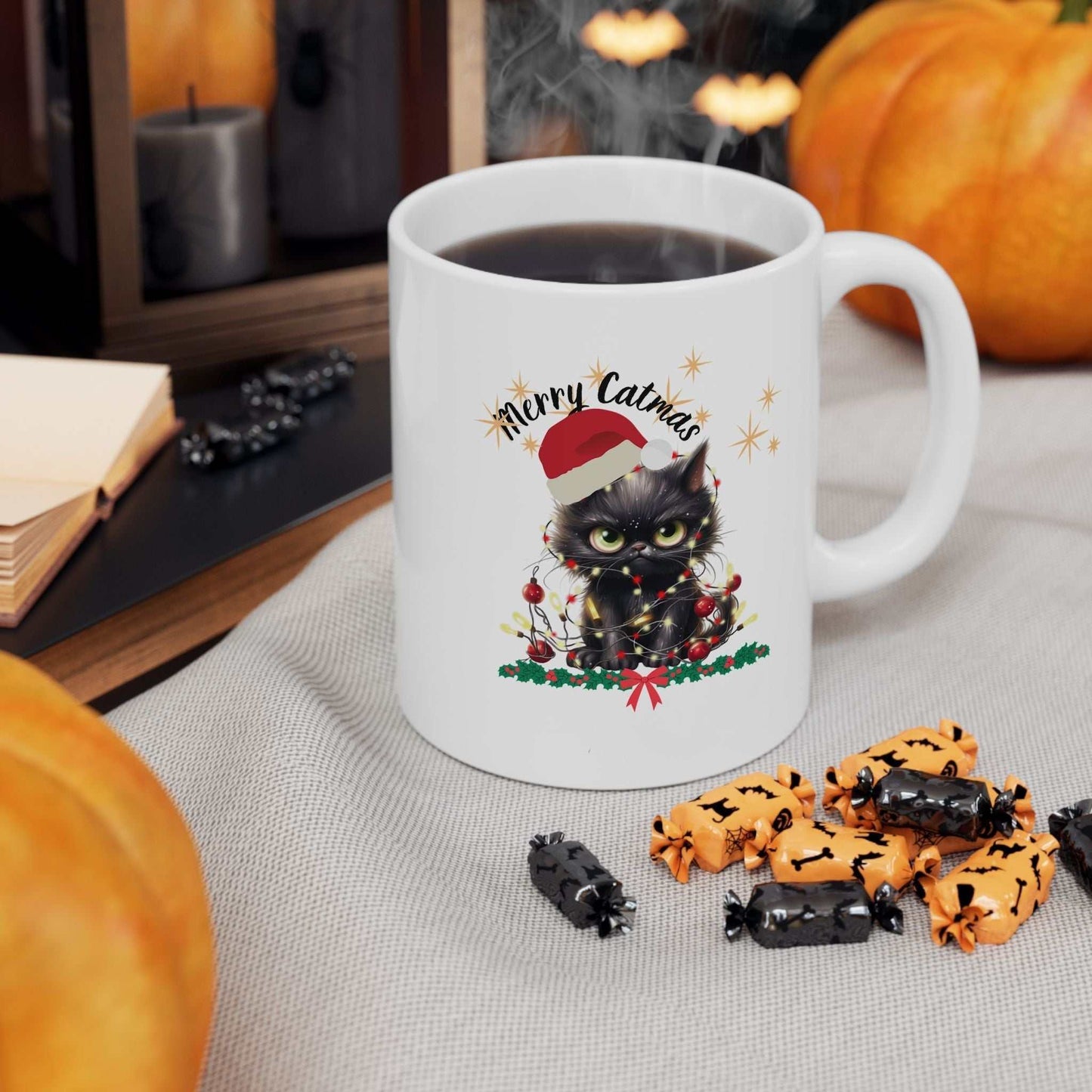 Merry Catmas Christmas Mug with cute cat design, perfect holiday gift for cat lovers.