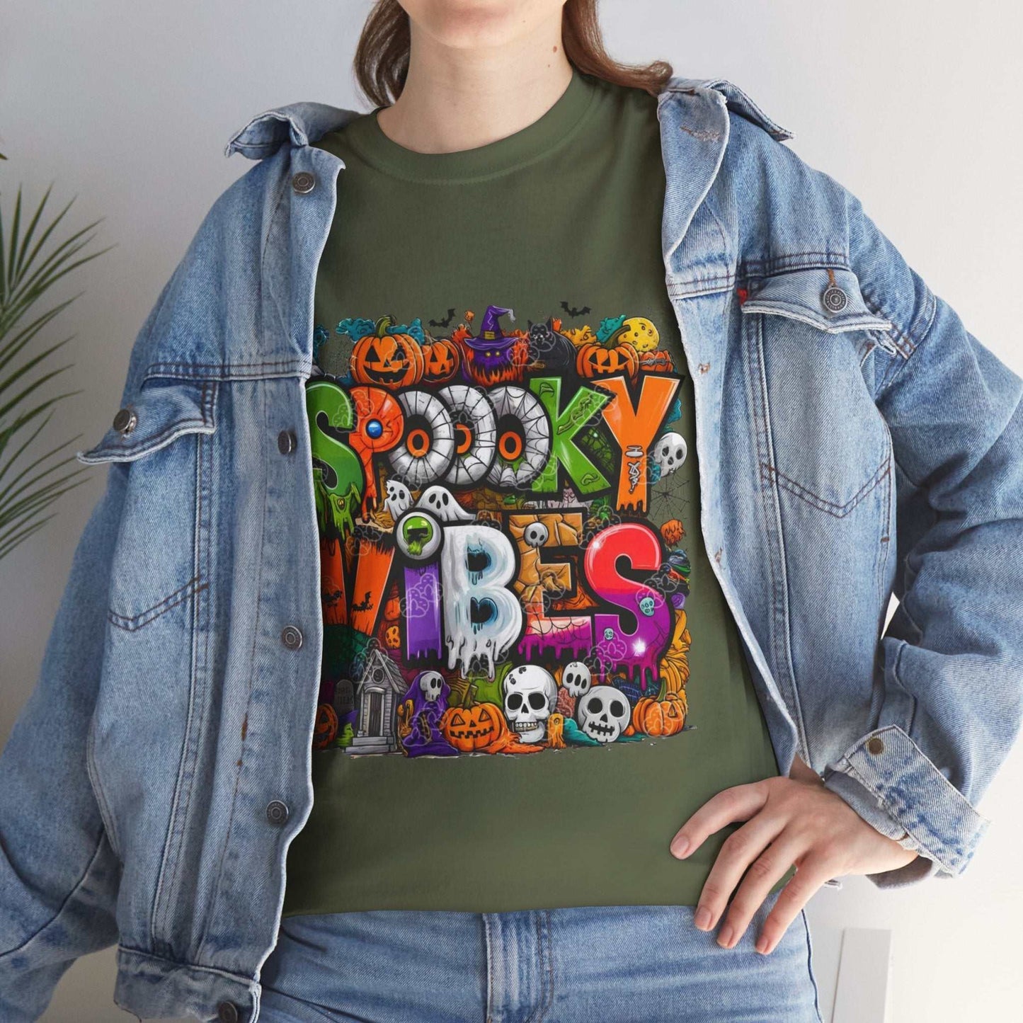 Spooky Vibes Unisex Heavy Cotton Tee, Halloween T-Shirt, Ghostly Graphic Gift