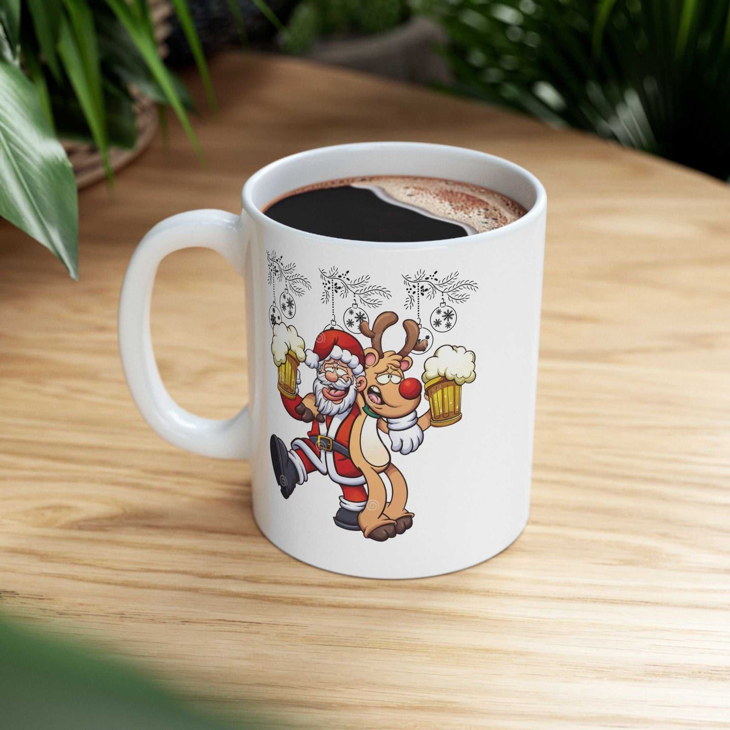 Funny Beer Santa Christmas mug with Santa and Rudolf holding beer, holiday gift.