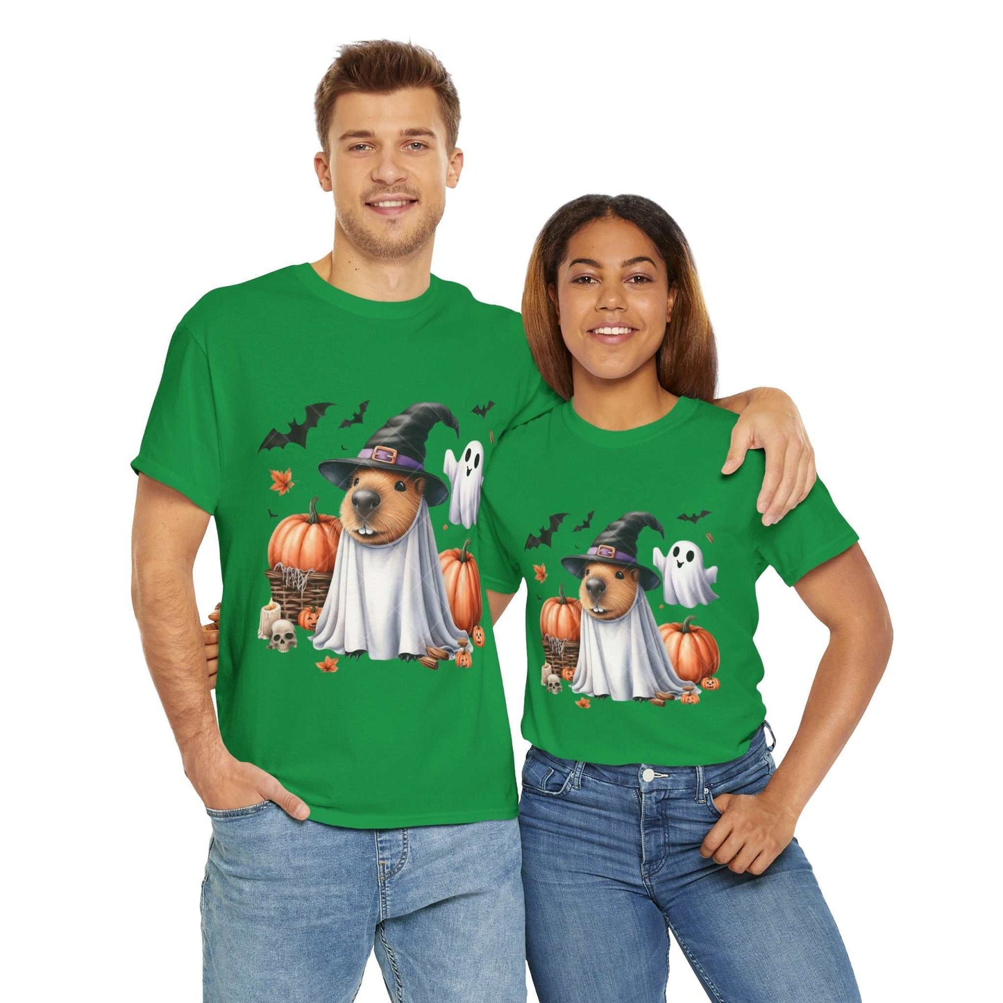 Two people wearing Halloween Capybara Shirts featuring capybaras with pumpkins and ghosts.