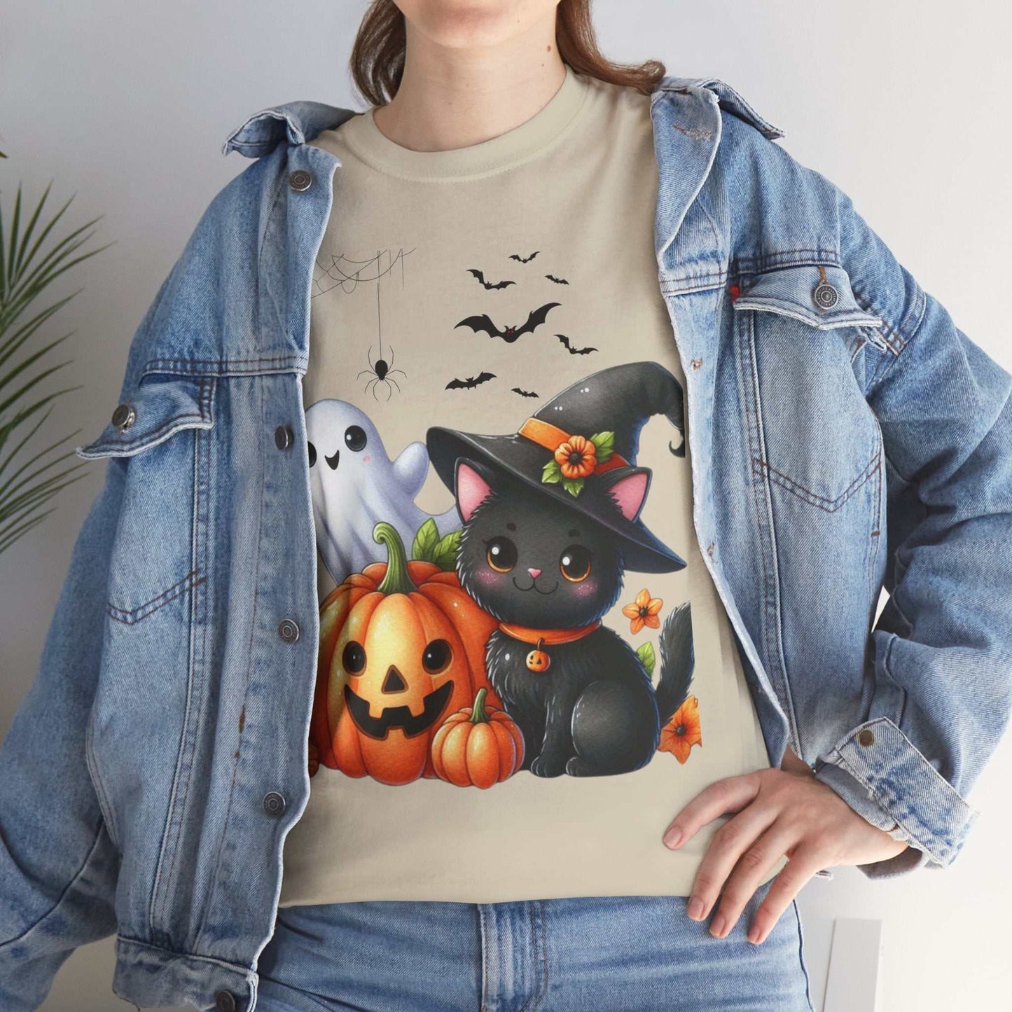 Halloween Cat Kids Shirt with ghost, pumpkin, and black cat design.
