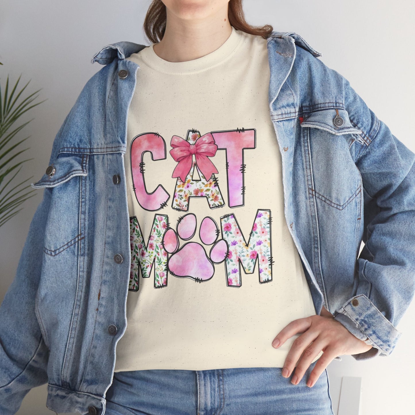 Cat Mom Unisex Heavy Cotton Tee - Floral Design for Pet Lovers
