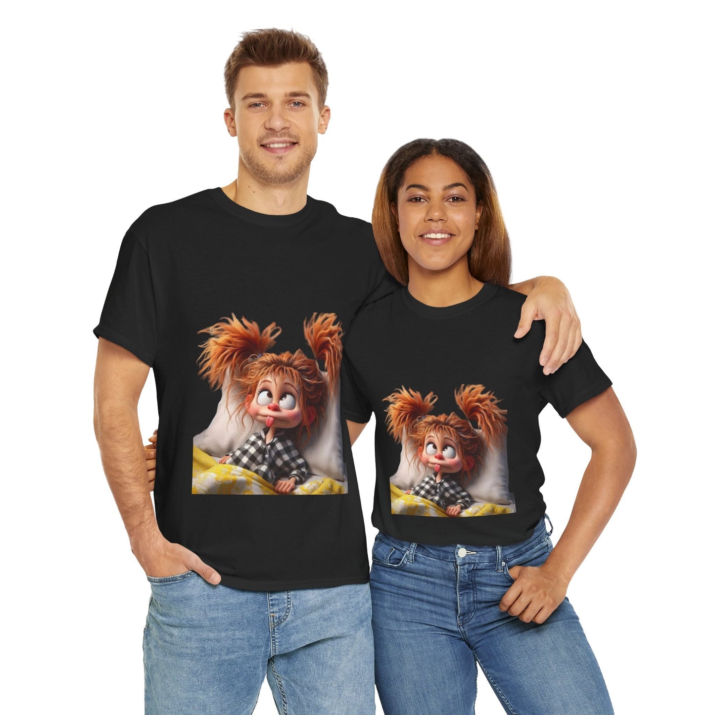 Cute Cartoon Character Unisex Heavy Cotton Tee - Perfect for Relaxed Mornings