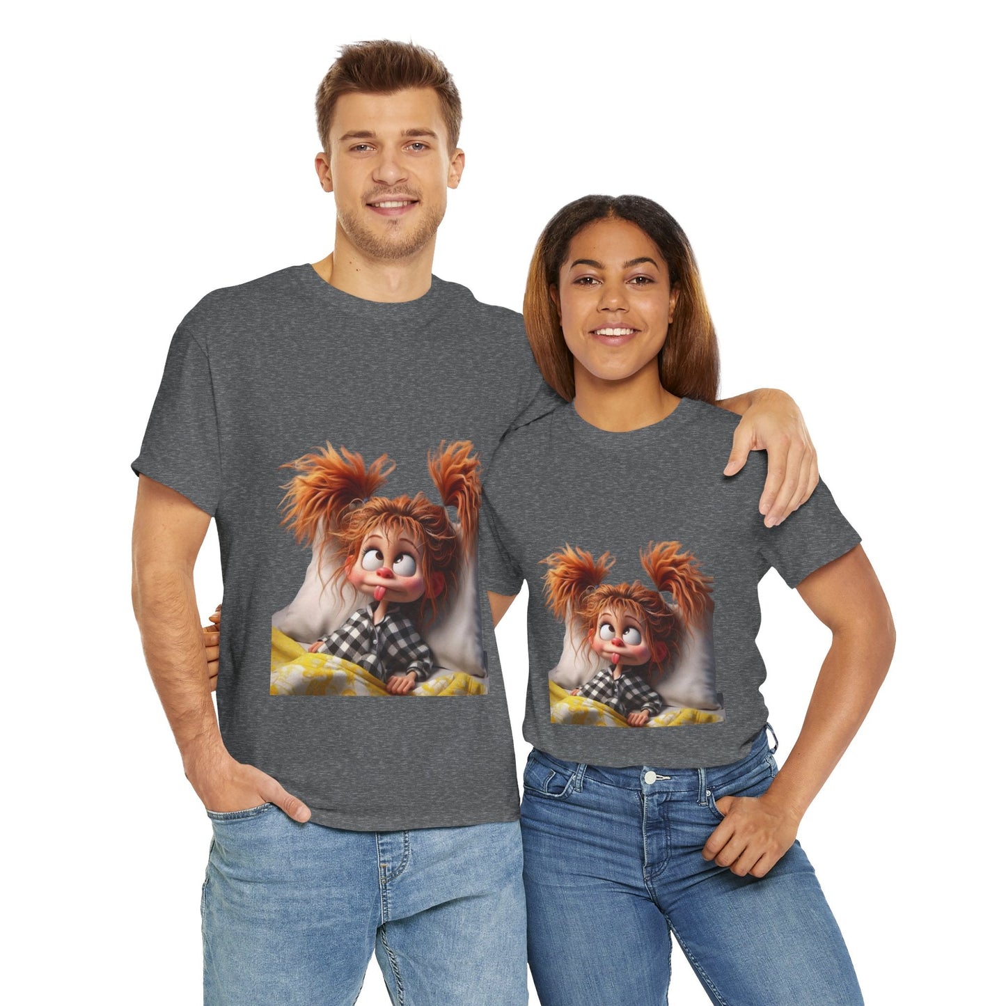 Cute Cartoon Character Unisex Heavy Cotton Tee - Perfect for Relaxed Mornings
