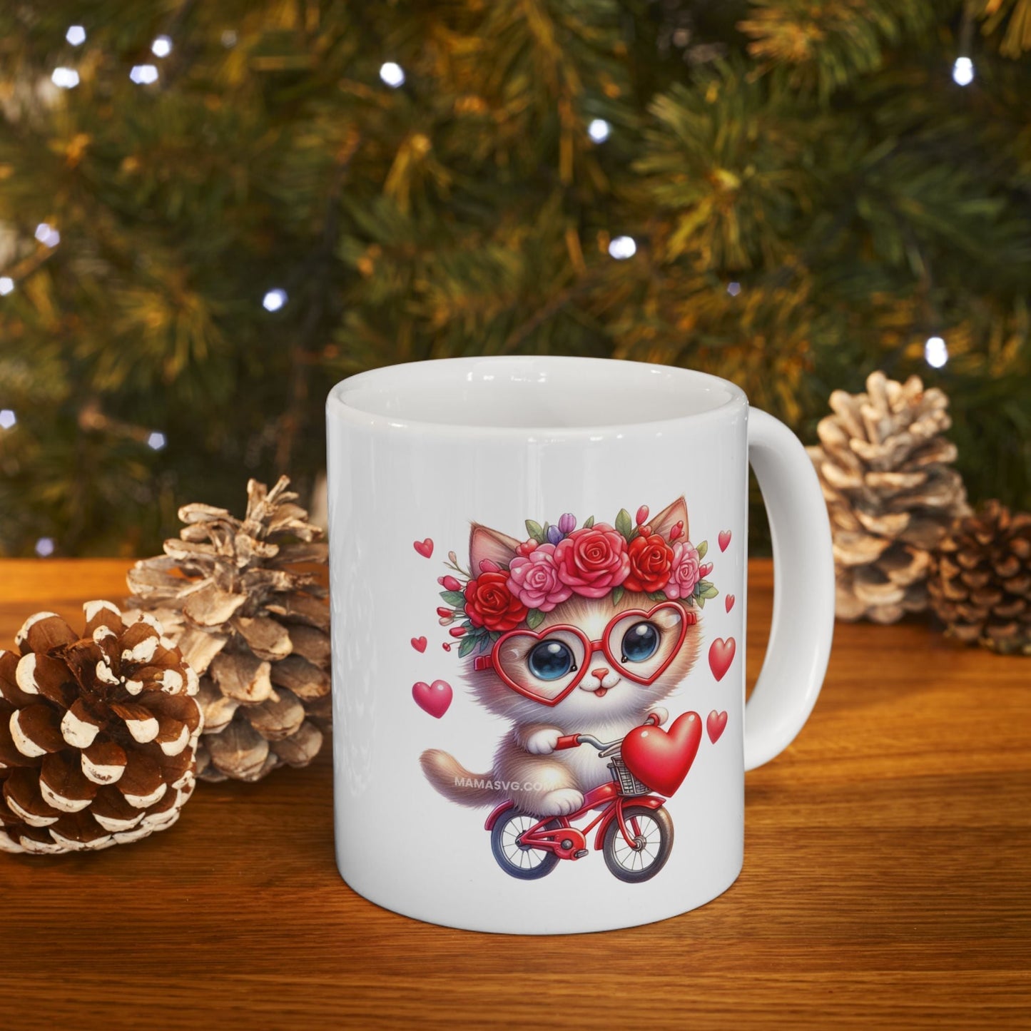 Biker Cat Cycling Hearts Mugs, Valentines Cat Lover Gift