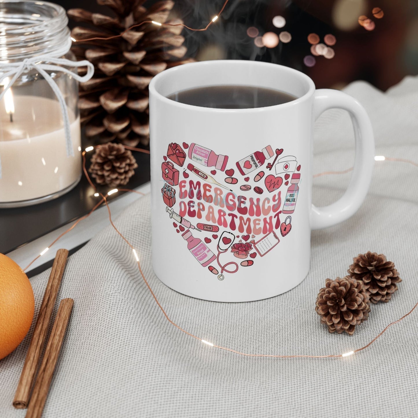 Emergency Department Nurse Valentine Mug with heart design, perfect Valentine’s Day nursing gift.