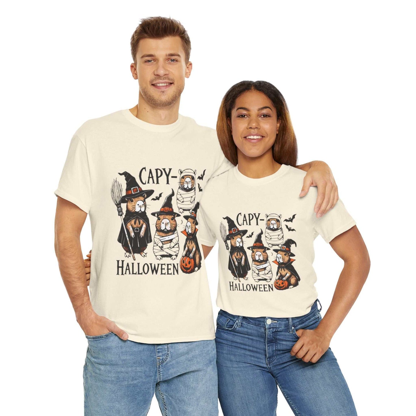 Unisex Halloween Capybara Shirt featuring capybaras in spooky costumes with pumpkins.