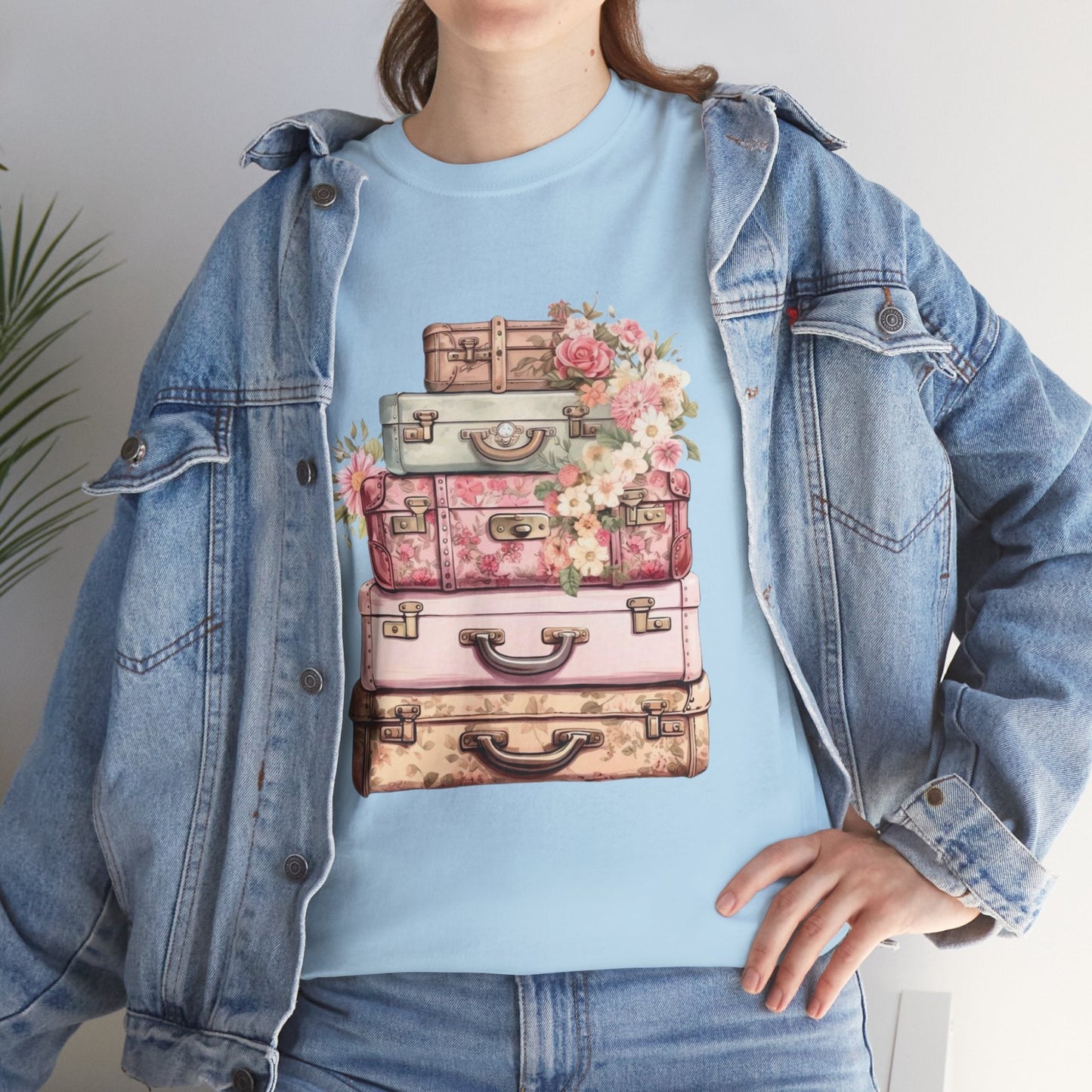 Vintage Floral Suitcase Tee - Unisex Heavy Cotton Tee