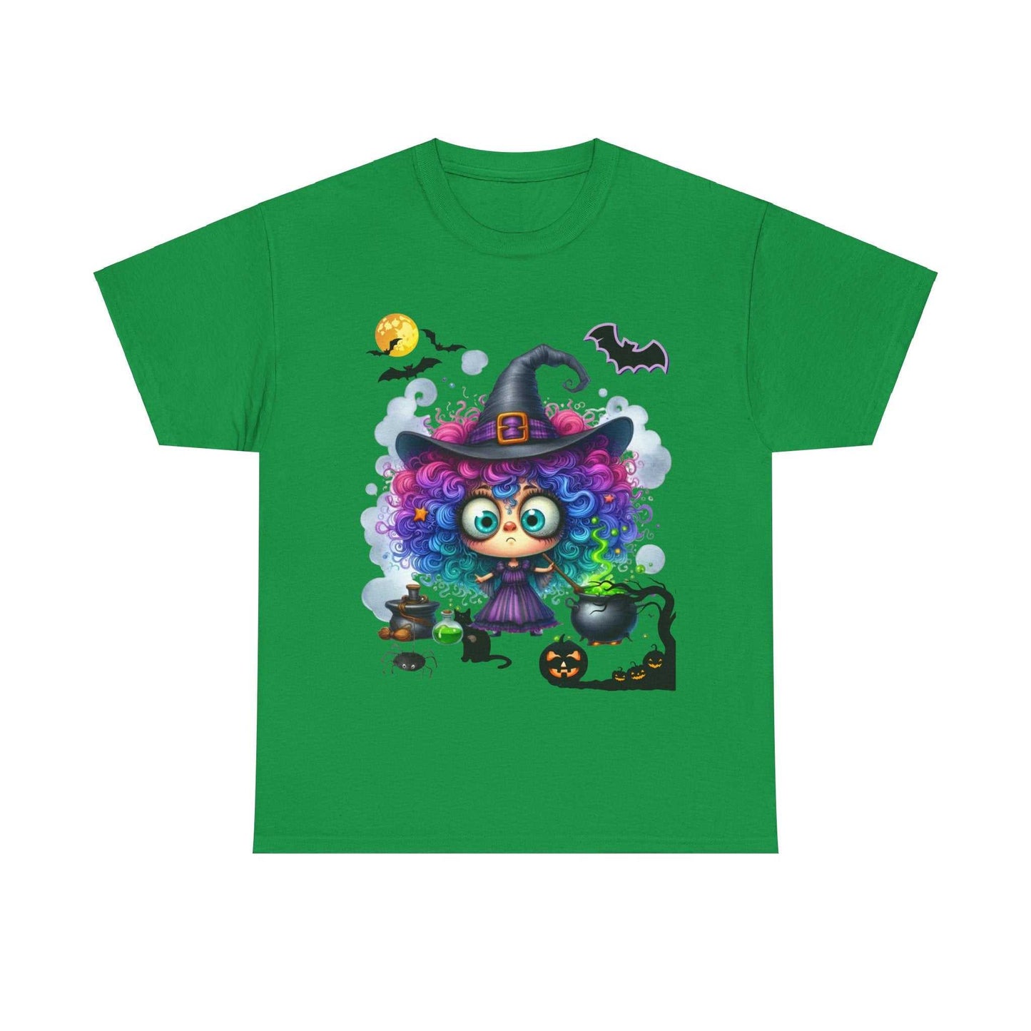 Halloween girl ghost shirt with colorful witch design on a unisex green cotton tee.