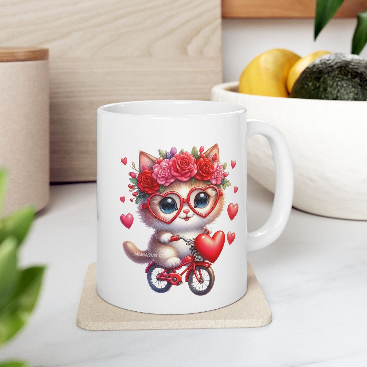 Biker Cat Cycling Hearts Mugs, Valentines Cat Lover Gift