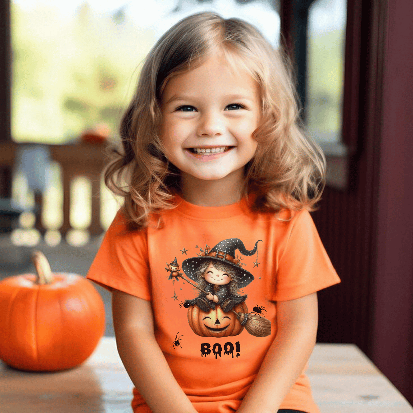 Halloween girl shirt featuring a cute ghost design, worn by a smiling toddler next to a pumpkin.