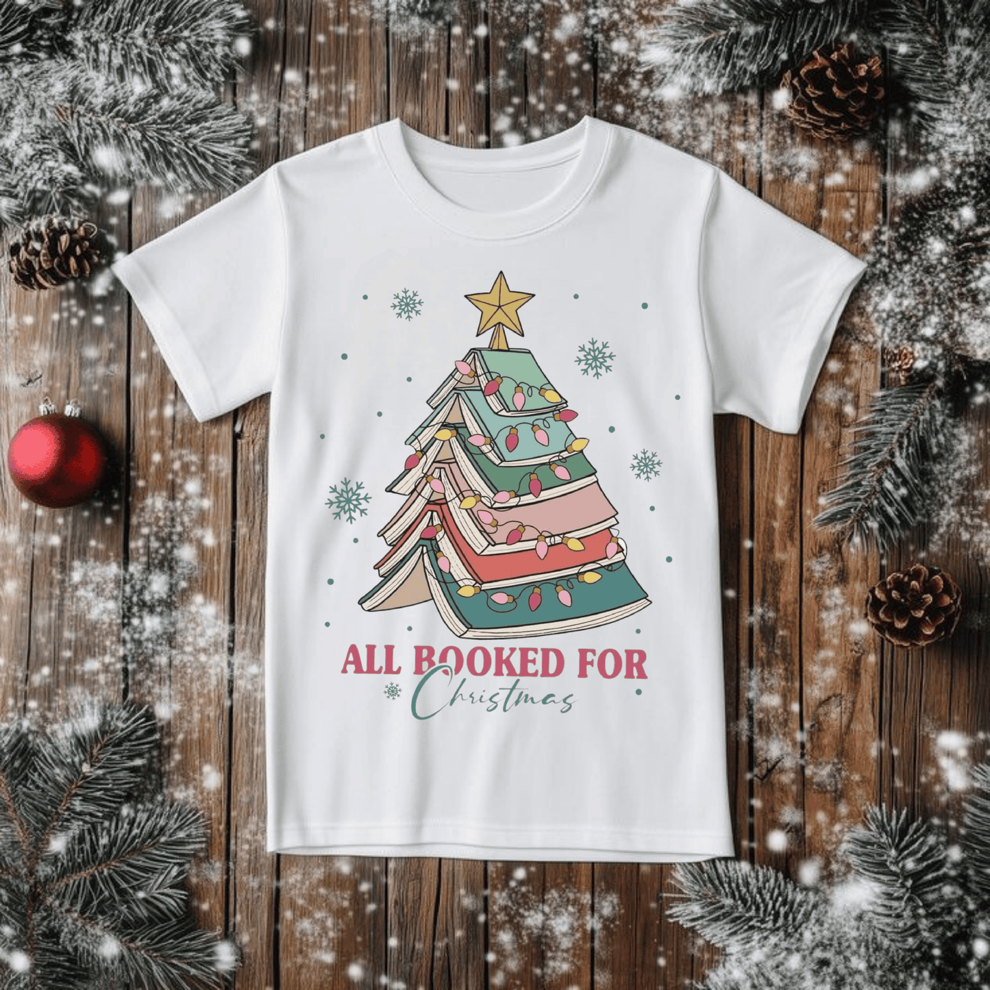 Christmas shirt with book-themed tree design, perfect gift for book lovers and librarians.