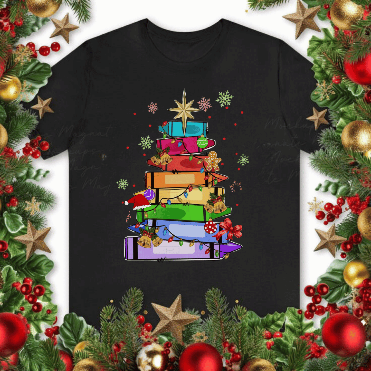 Crayons Christmas Tree T-shirt with colorful tree design, perfect teacher team gift.