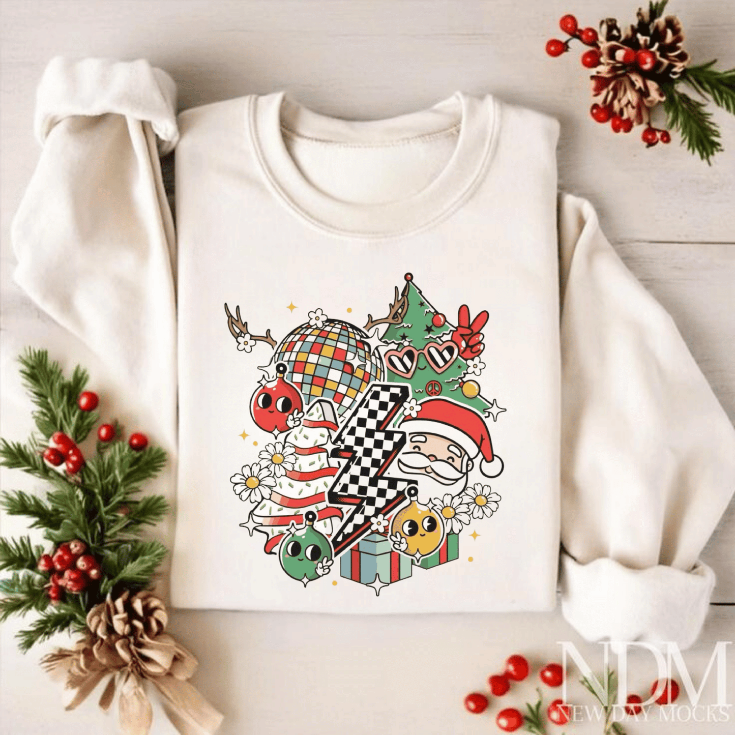 Christmas Disco Long Sleeve Sweatshirt with festive design featuring holiday disco elements, perfect for holiday gift.