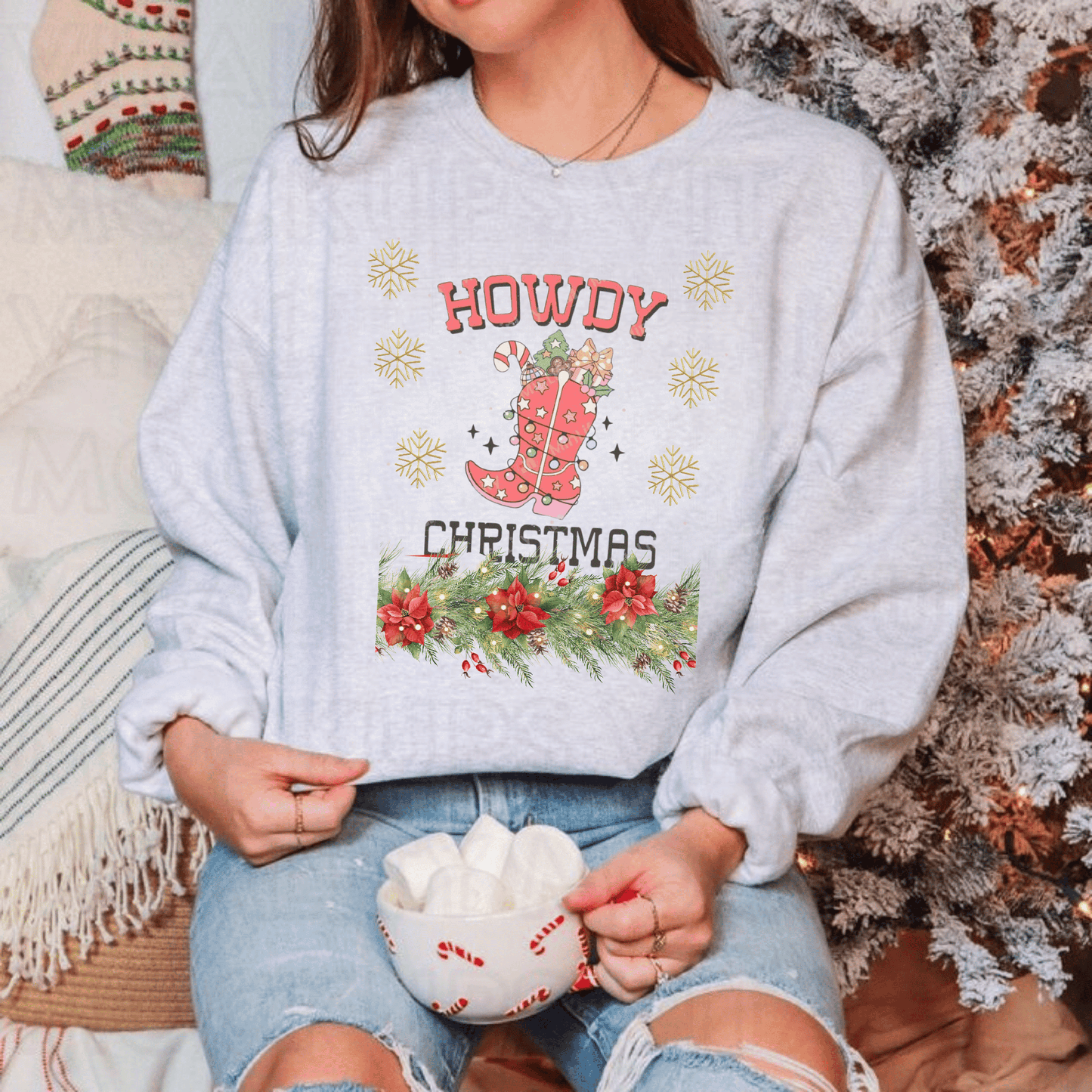 Howdy Christmas Sweatshirt with festive cowboy boot design, perfect Christmas cowboy gift.
