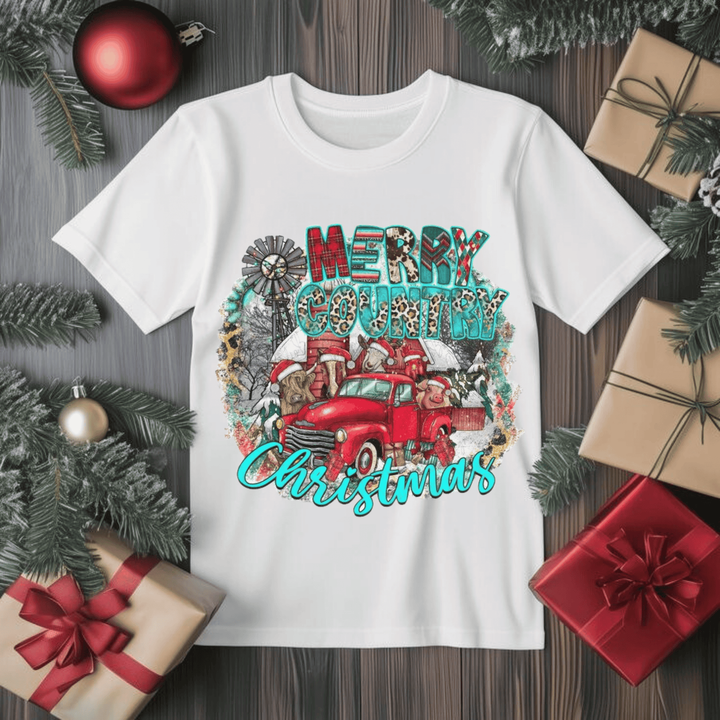 Merry Country Christmas T-Shirt with retro Christmas design, surrounded by pine branches and wrapped gifts, ideal retro Christmas gift.