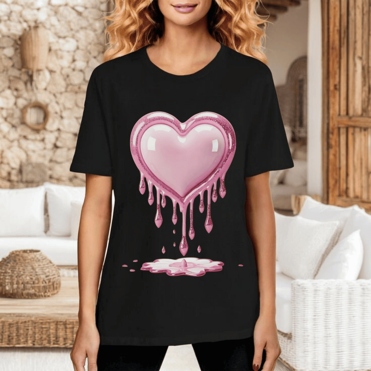 Drippy Heart Valentines Day T-shirt with melting pink heart design.