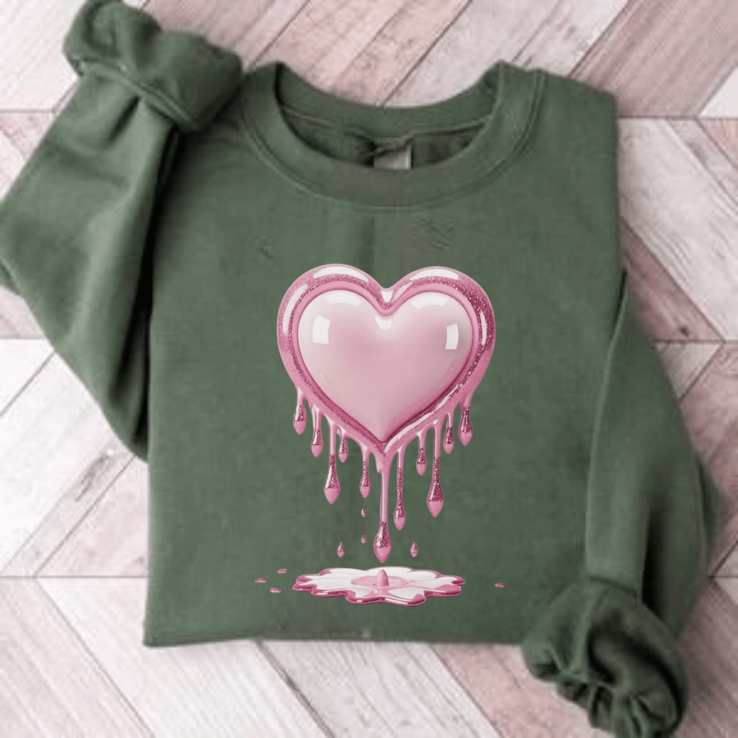 Drippy Heart Valentines Day Sweatshirt with melting pink heart design.