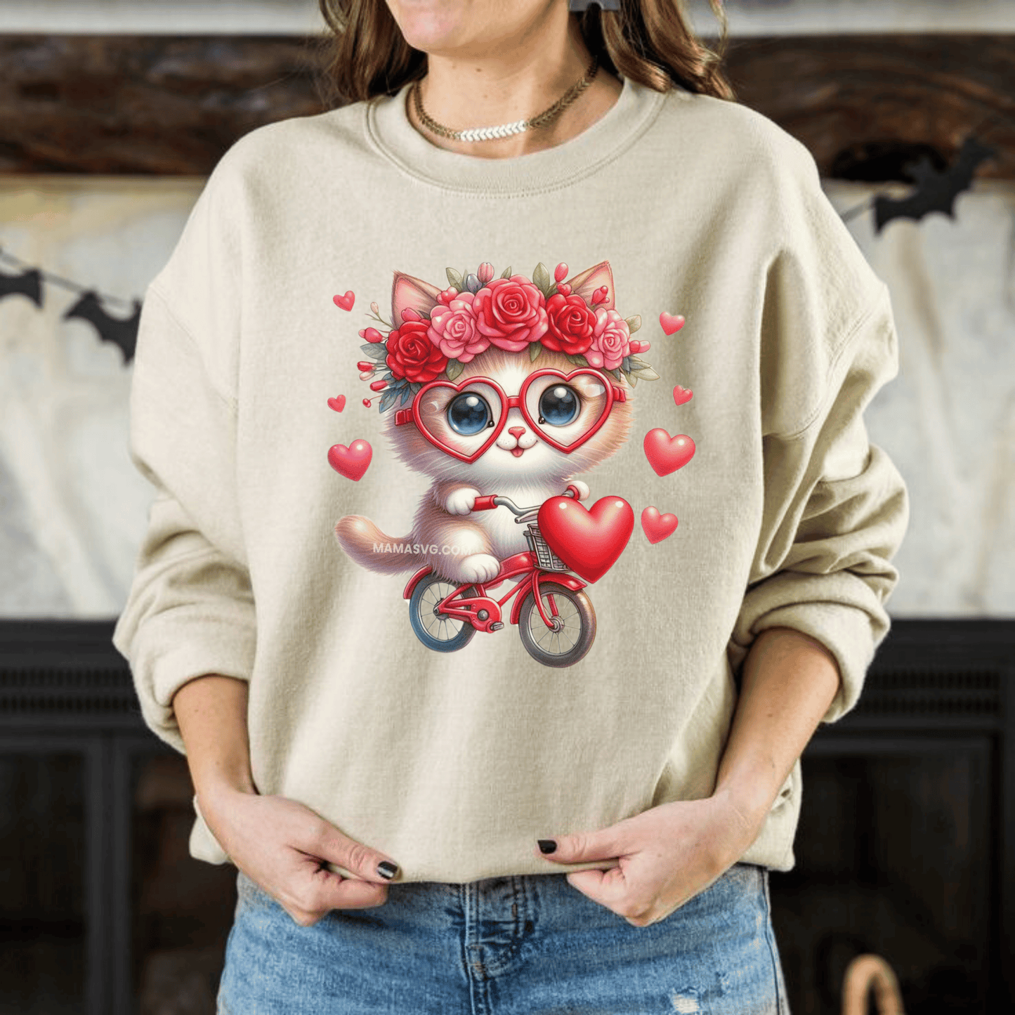 Biker Cat Cycling Hearts Sweatshirt with cute cat on bike, Valentines Cat Lover Gift.