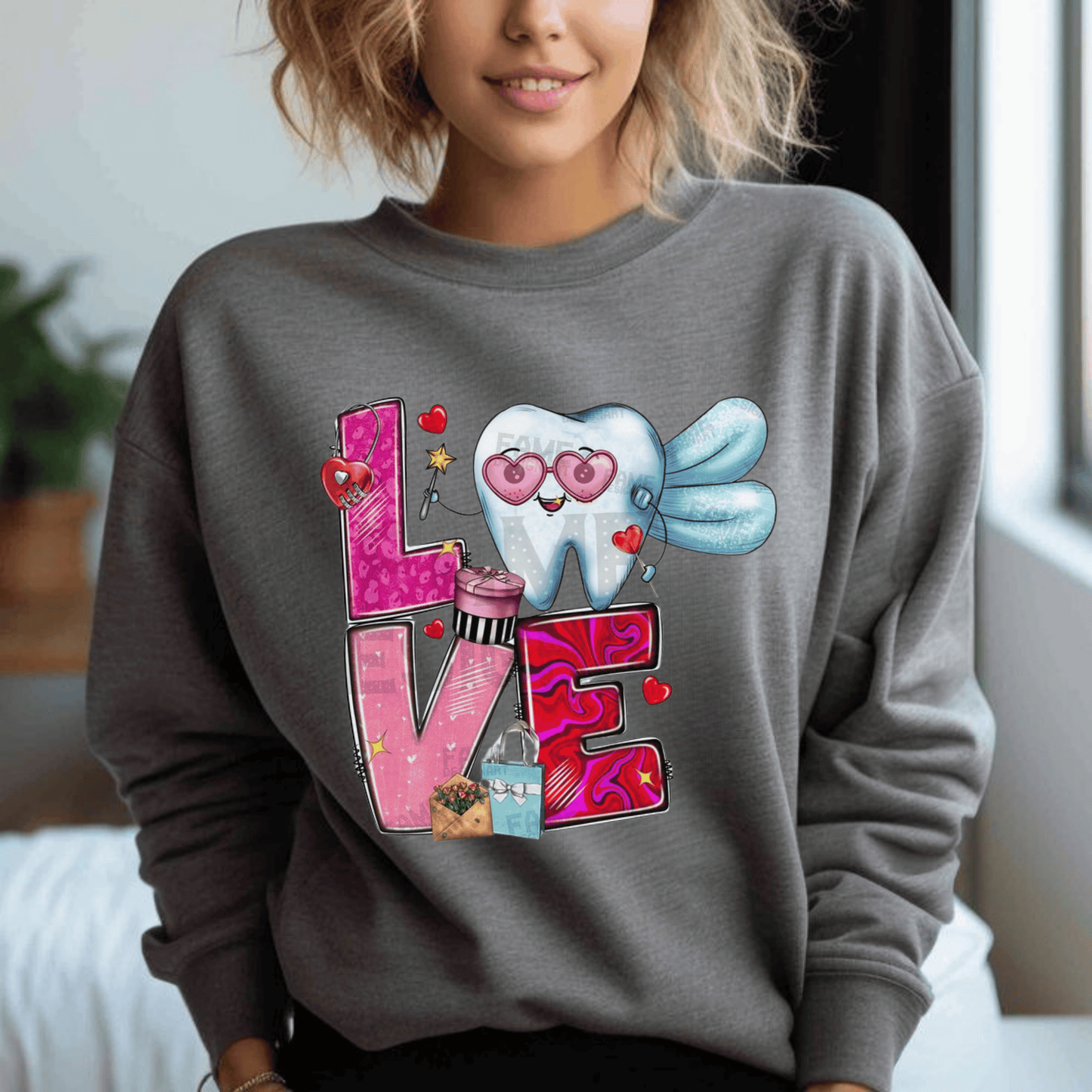 Love Dental Valentine Sweatshirt featuring cute tooth design, perfect dental hygienist gift.
