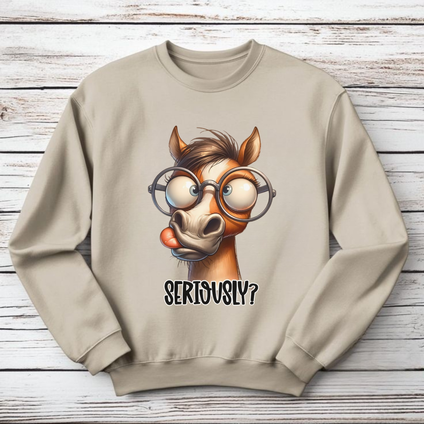 Funny horse graphic crewneck sweatshirt with "Seriously?" print, unisex design.