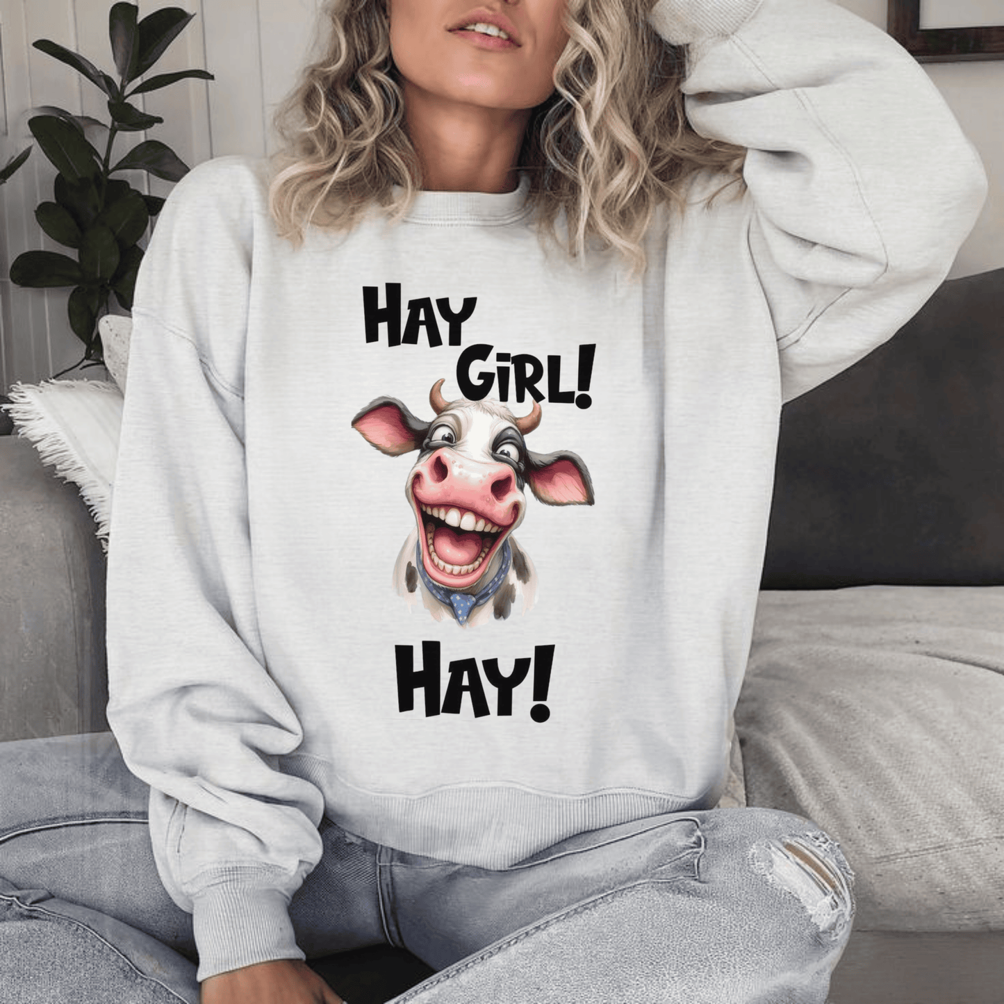 Funny Cow Sweatshirt Hay Girl Hay | Unisex Heavy Blend Crewneck | Cozy & Funny Gift