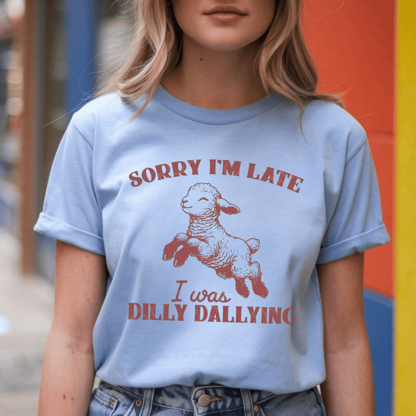 Funny unisex heavy cotton tee with playful lamb design and "Sorry I'm Late, I Was Dilly Dallying" phrase.