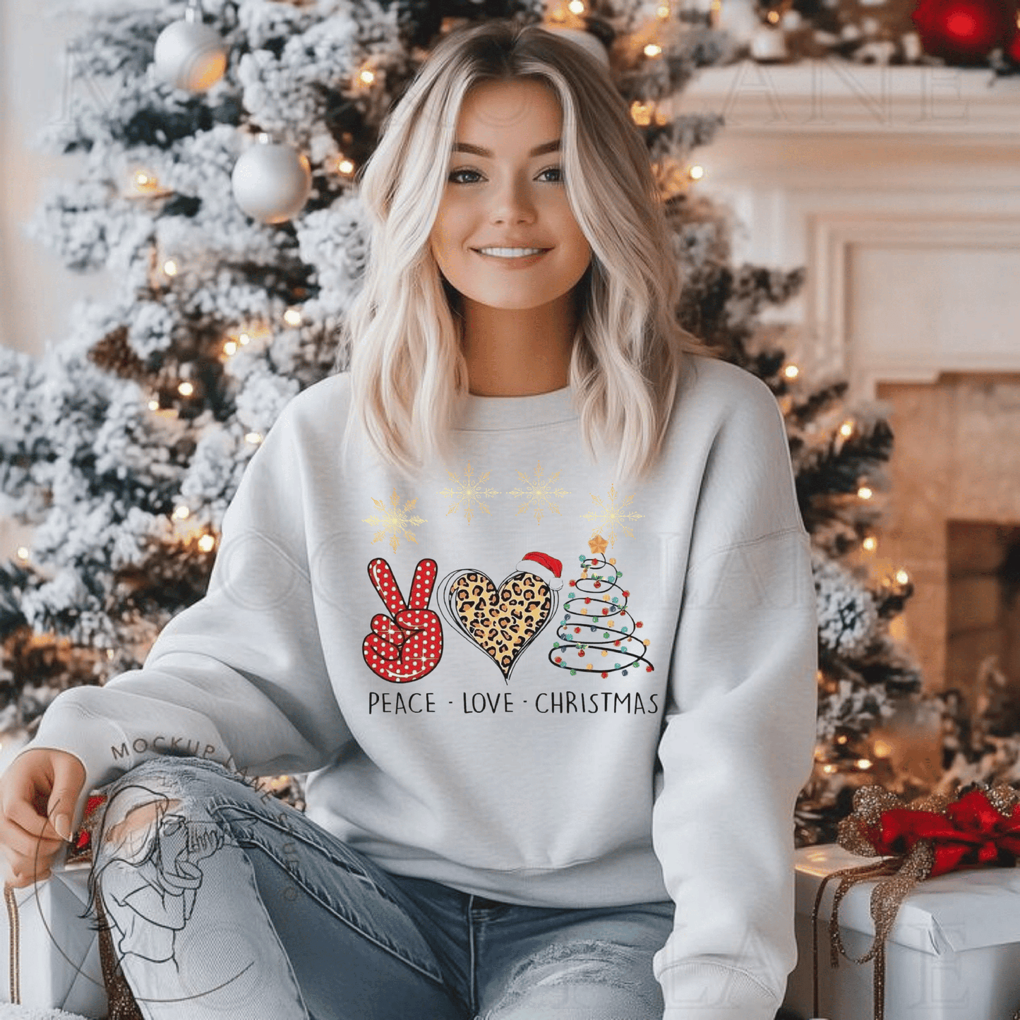 Peace Love Christmas Santa Sweatshirt, festive design with peace and joy symbols, winter holiday apparel.