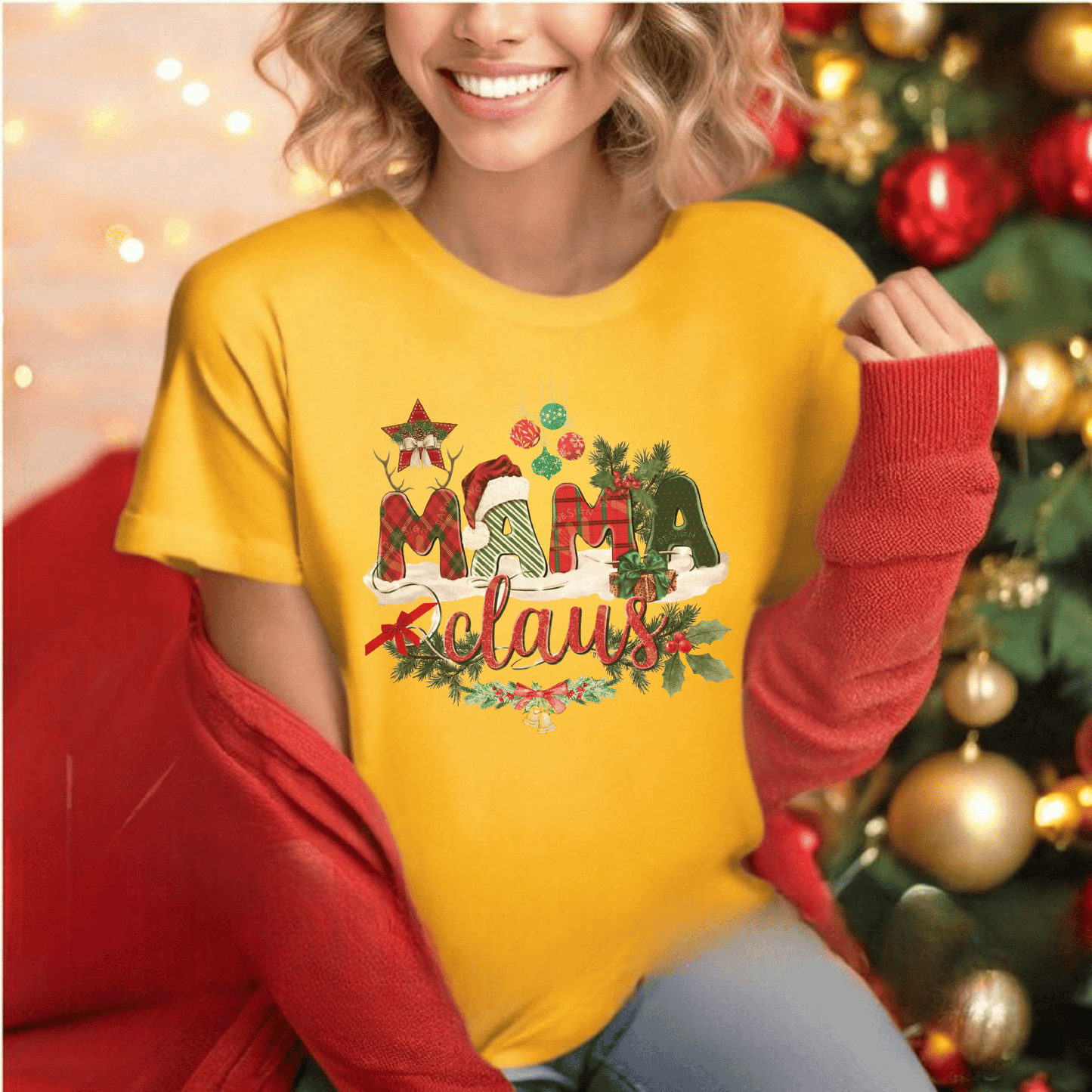 Mama Claus Christmas Shirt, festive holiday tee for moms with red and white design.