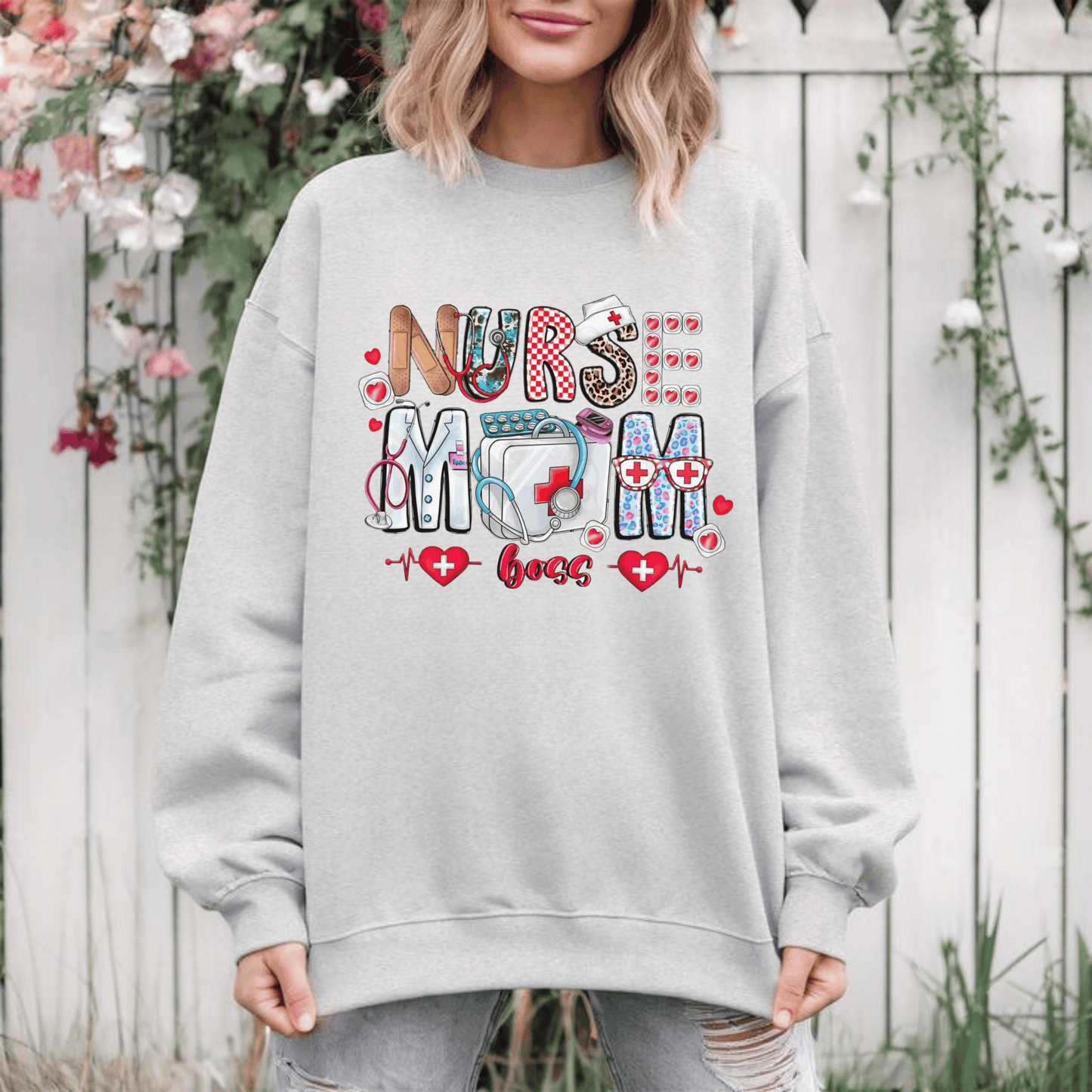 Nurse Mom Boss Sweatshirt with colorful design, perfect gift for nurse moms.