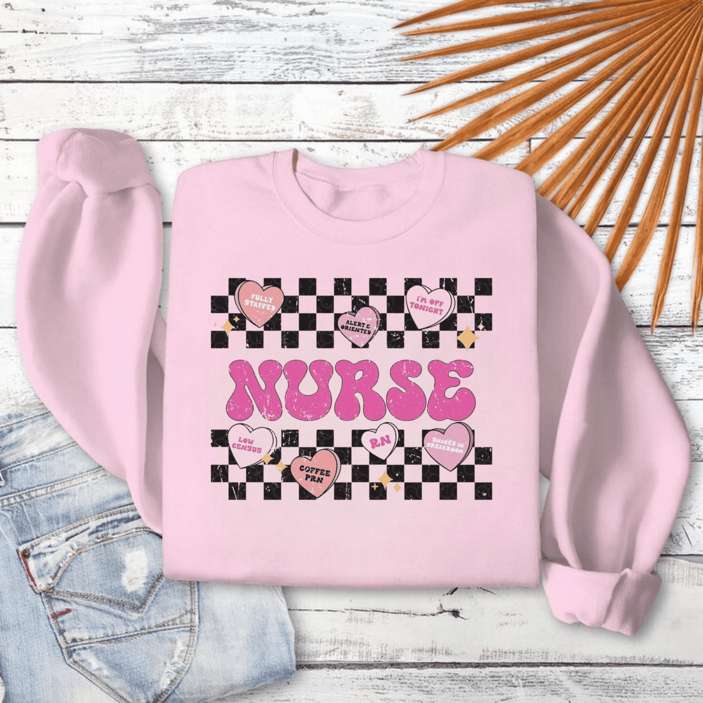 Love Nurse Retro Sweatshirt with vintage design and pink hearts, perfect nurse gift.