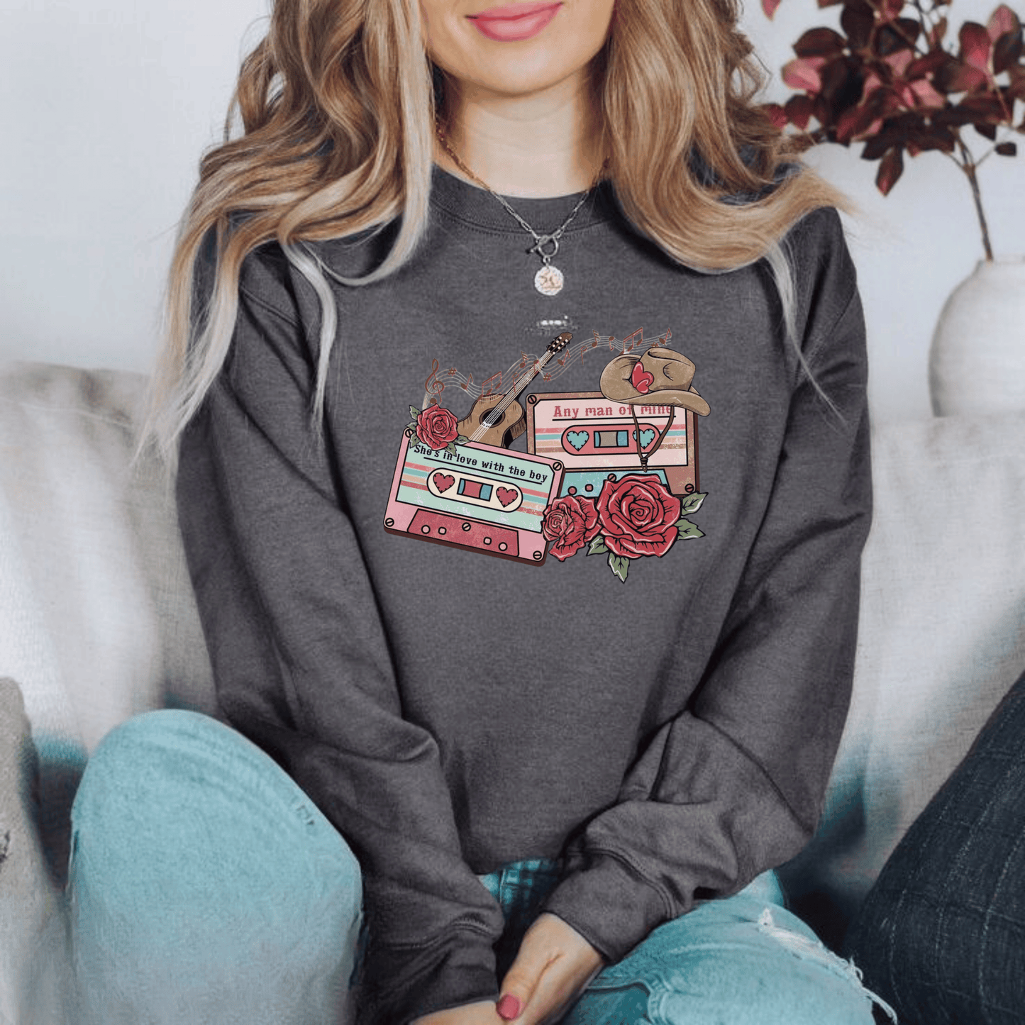 Country music love songs sweatshirt with retro cowboy cassette design, perfect Valentine’s gift.